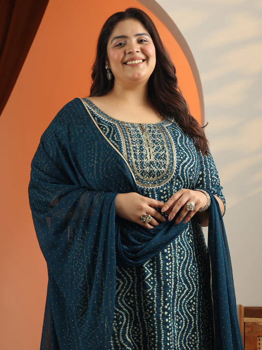 Plus Size Blue Printed Viscose Straight Suit Set With Dupatta