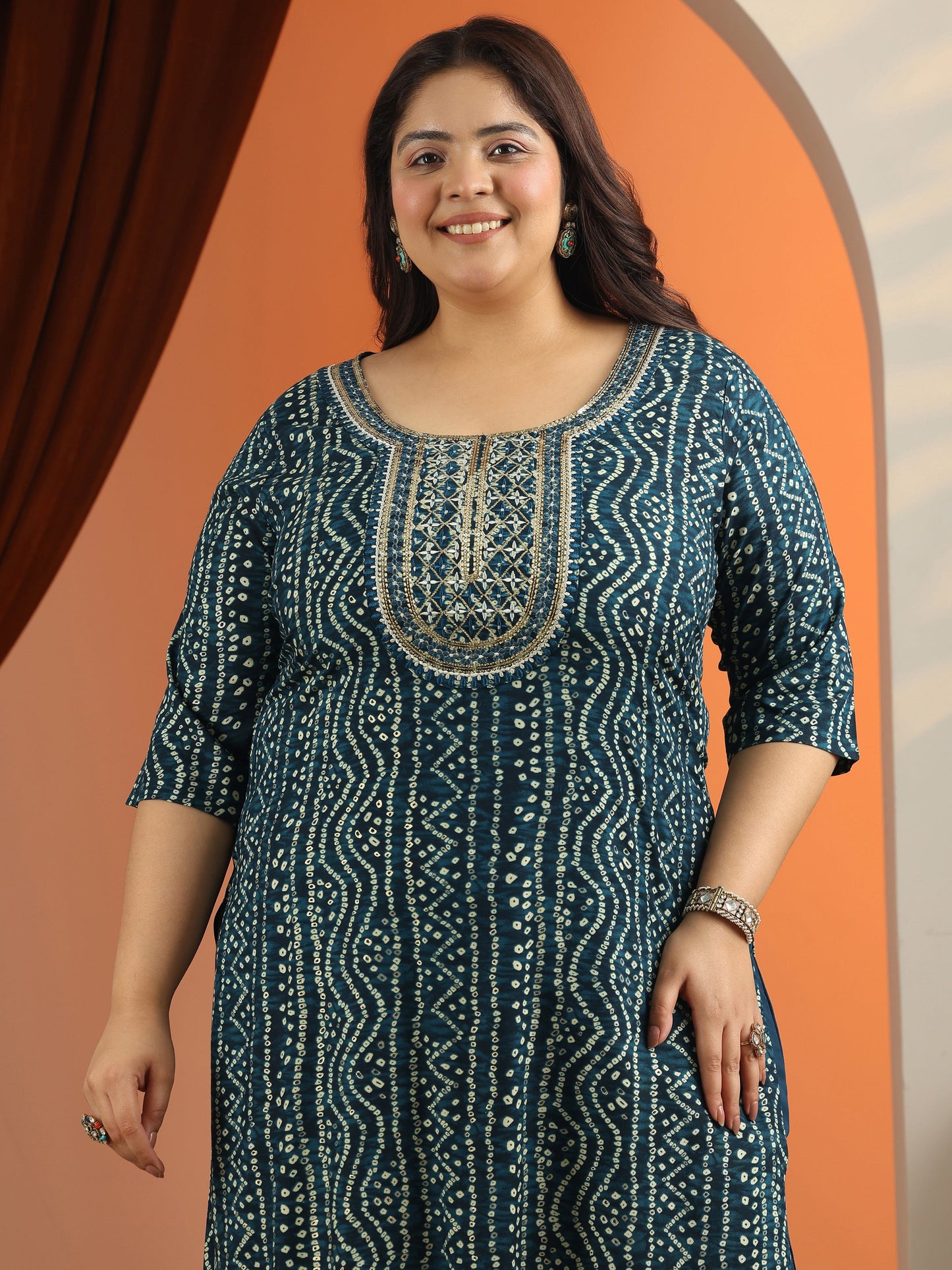 Plus Size Blue Printed Viscose Straight Suit Set With Dupatta