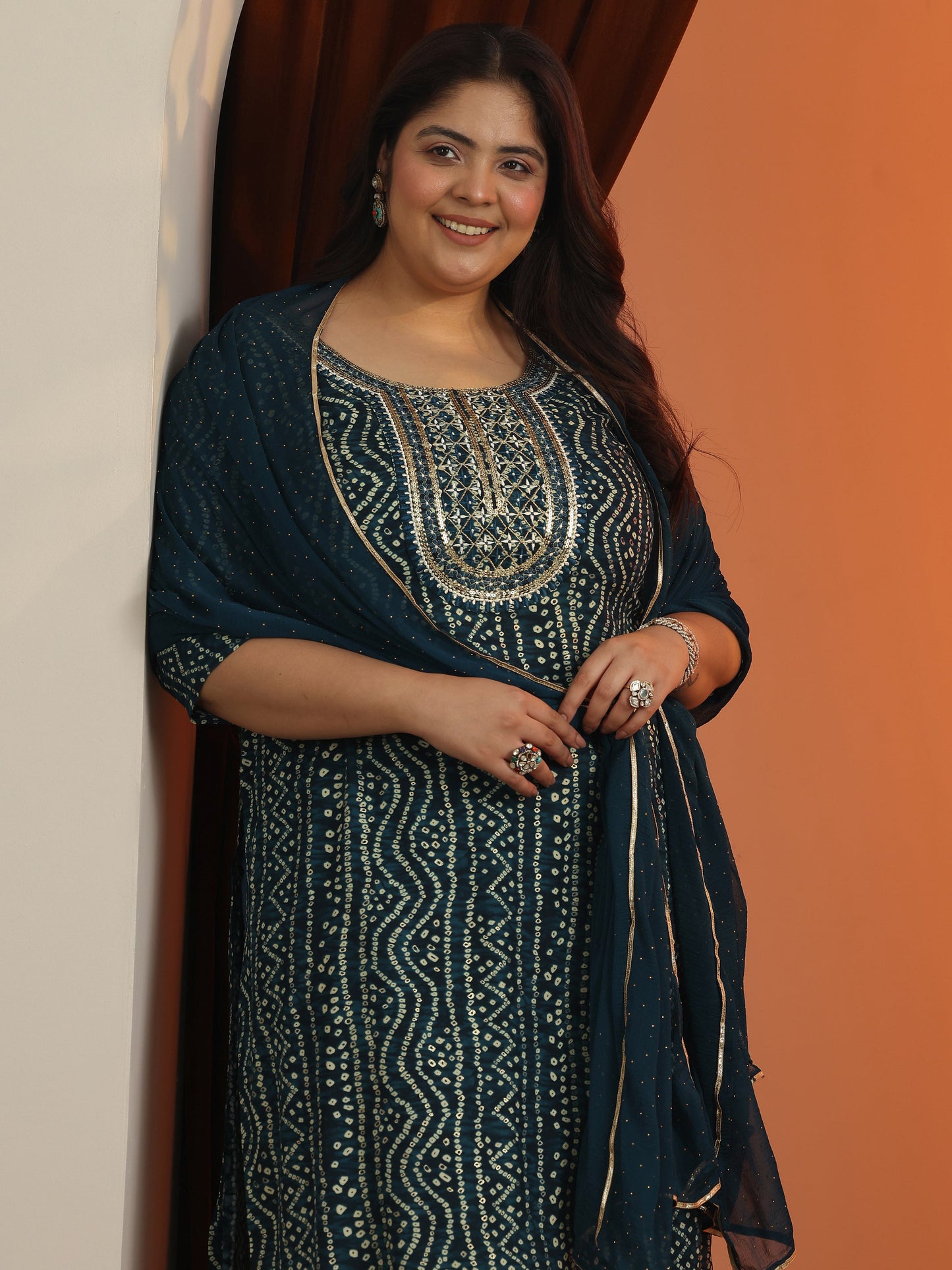 Plus Size Blue Printed Viscose Straight Suit Set With Dupatta