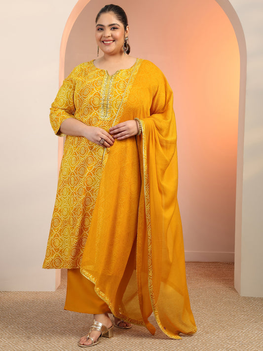 Plus Size Mustard Printed Viscose Straight Suit Set With Dupatta