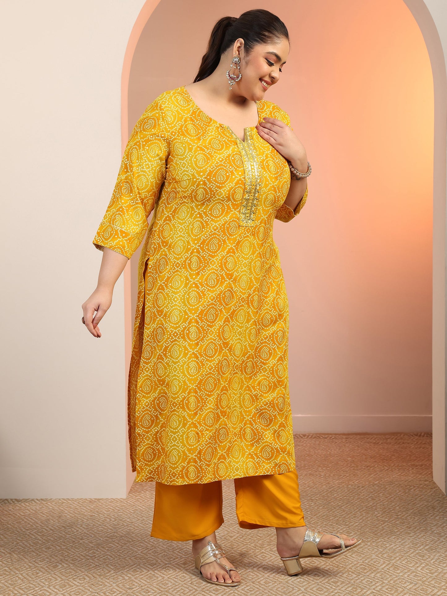 Plus Size Mustard Printed Viscose Straight Suit Set With Dupatta