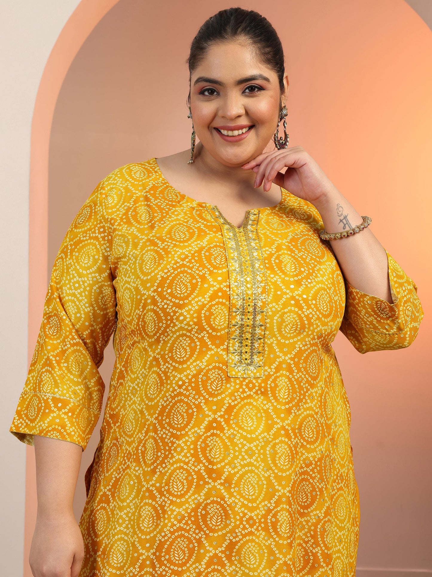 Plus Size Mustard Printed Viscose Straight Suit Set With Dupatta