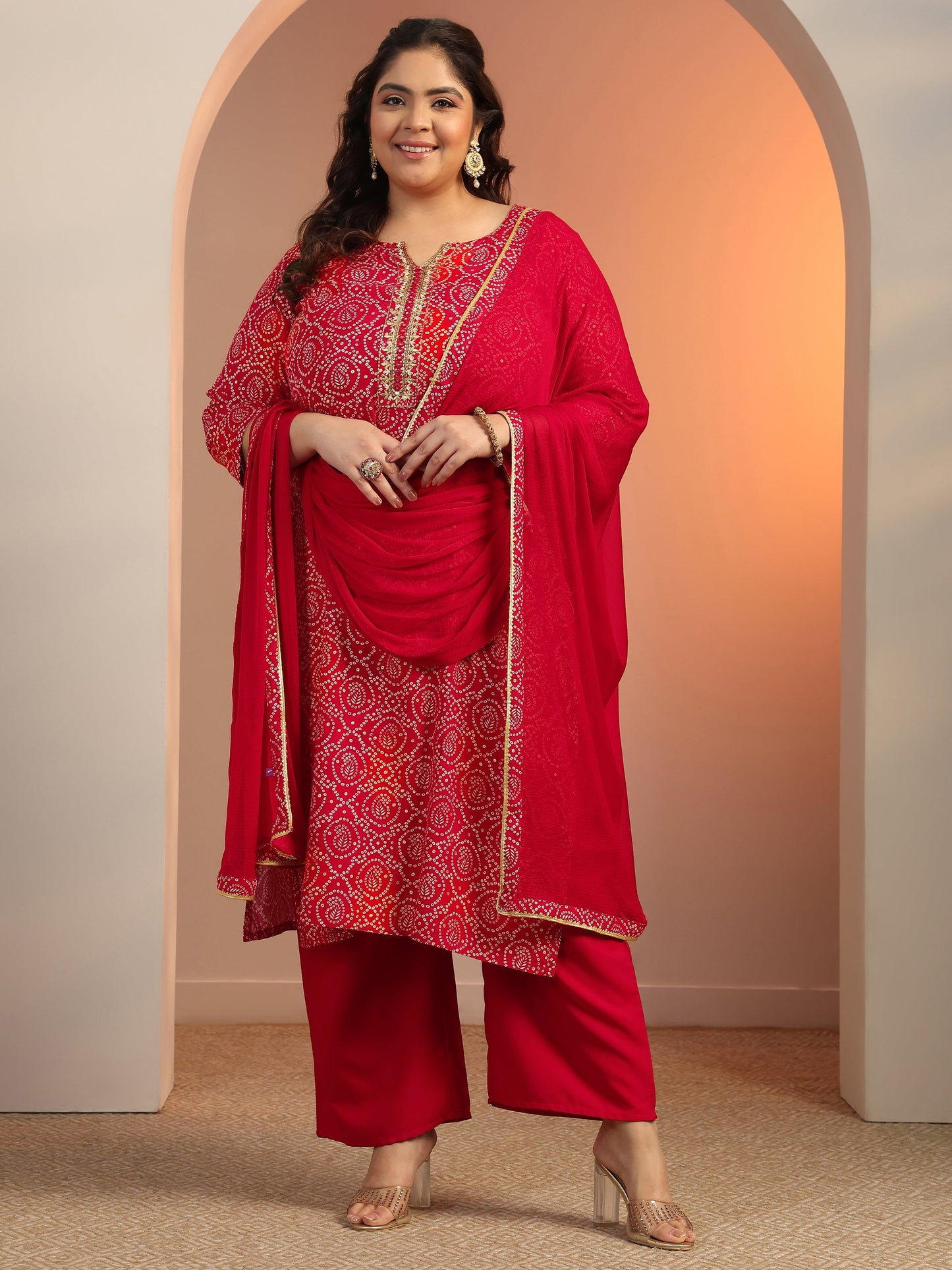 Plus Size Red Printed Viscose Straight Suit Set With Dupatta