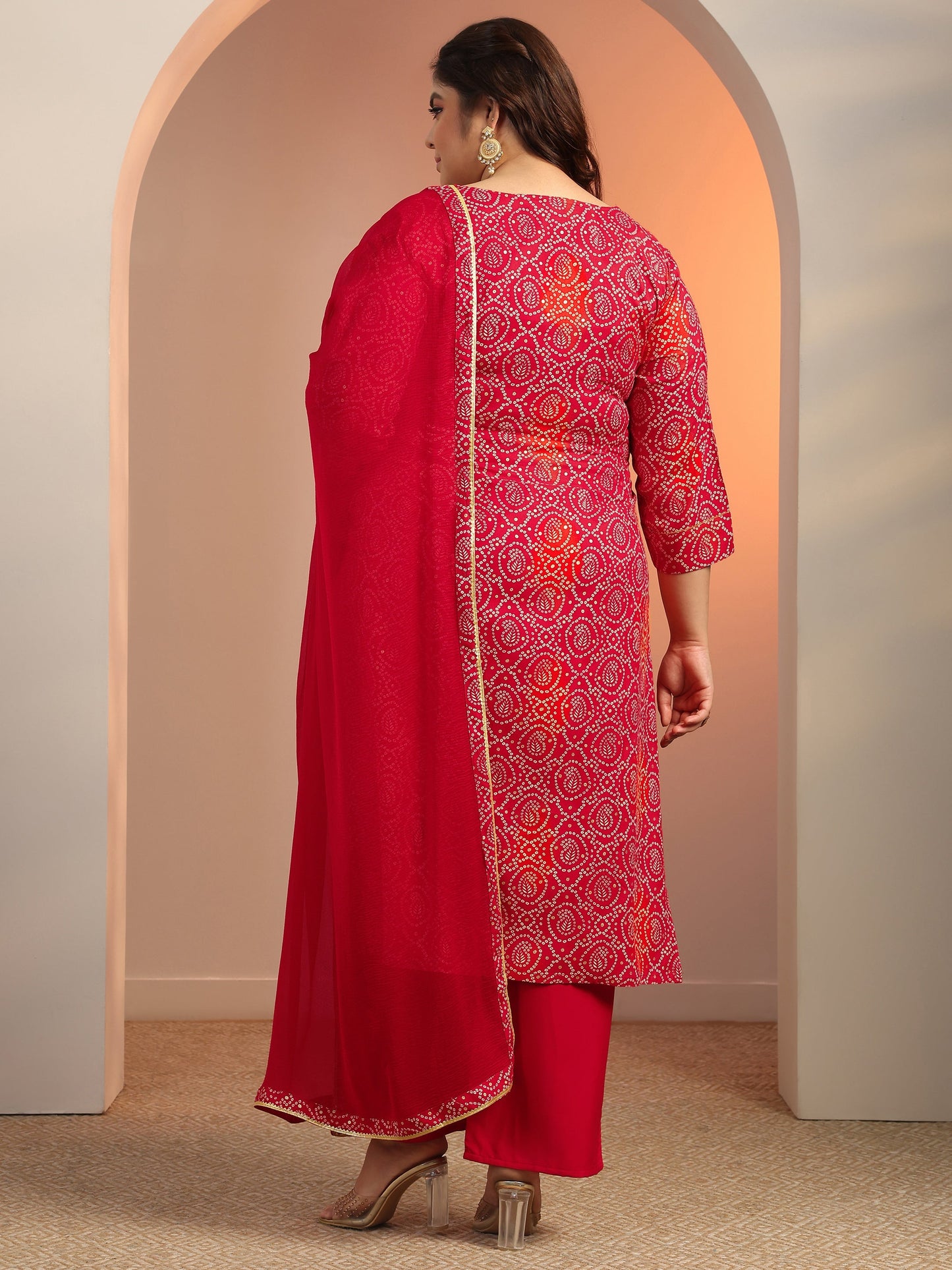 Plus Size Red Printed Viscose Straight Suit Set With Dupatta