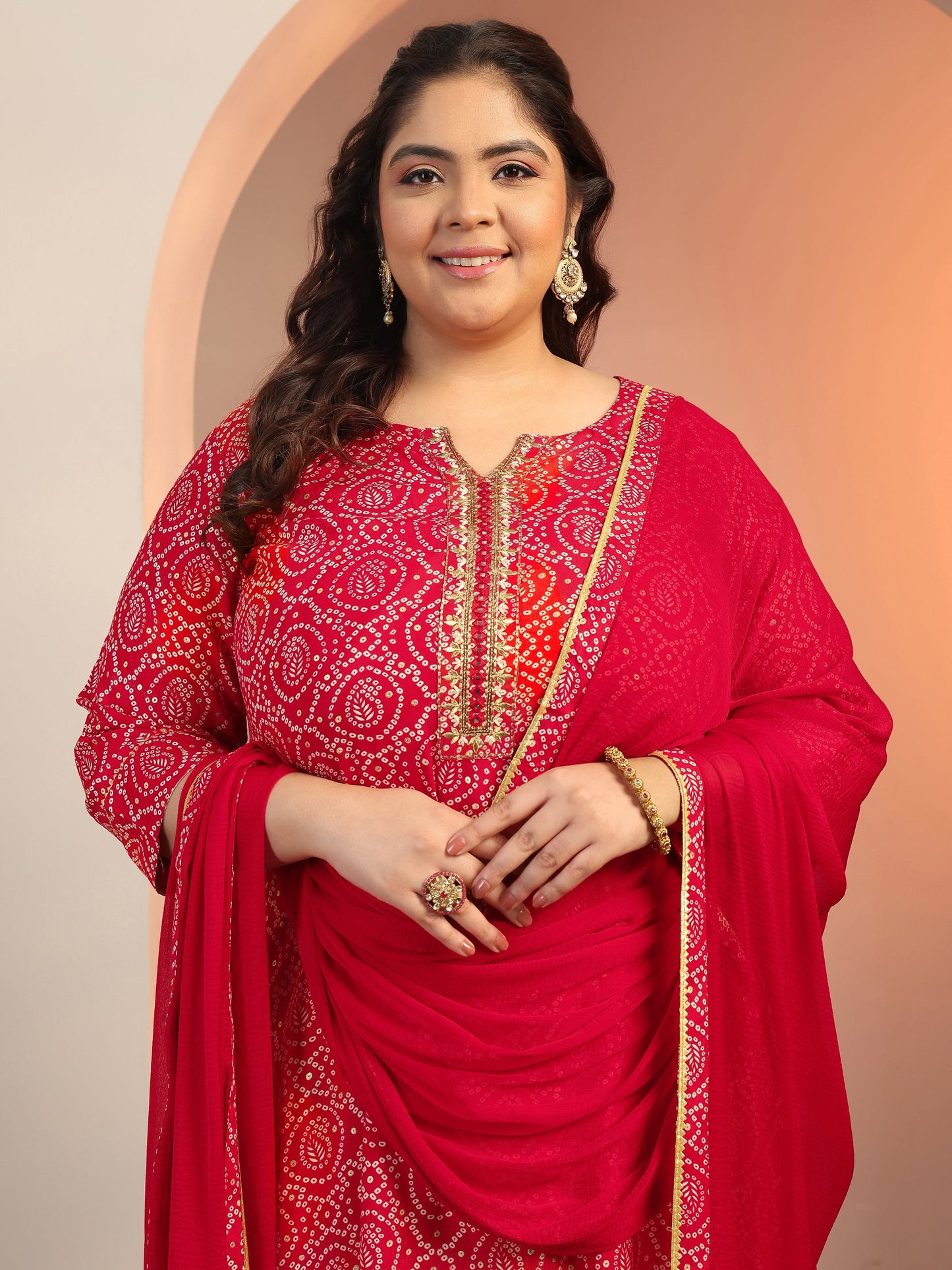 Plus Size Red Printed Viscose Straight Suit Set With Dupatta