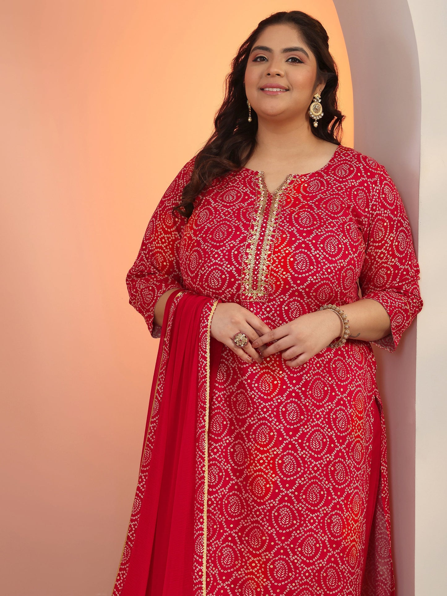 Plus Size Red Printed Viscose Straight Suit Set With Dupatta