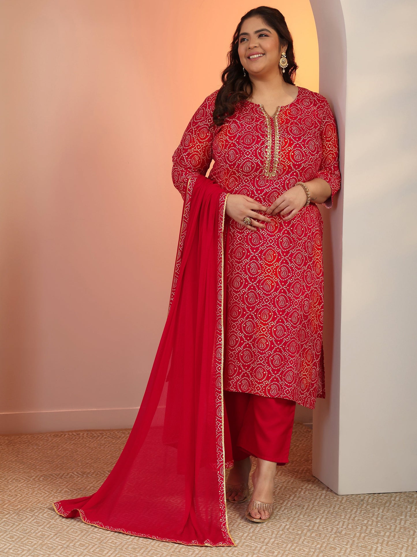 Plus Size Red Printed Viscose Straight Suit Set With Dupatta