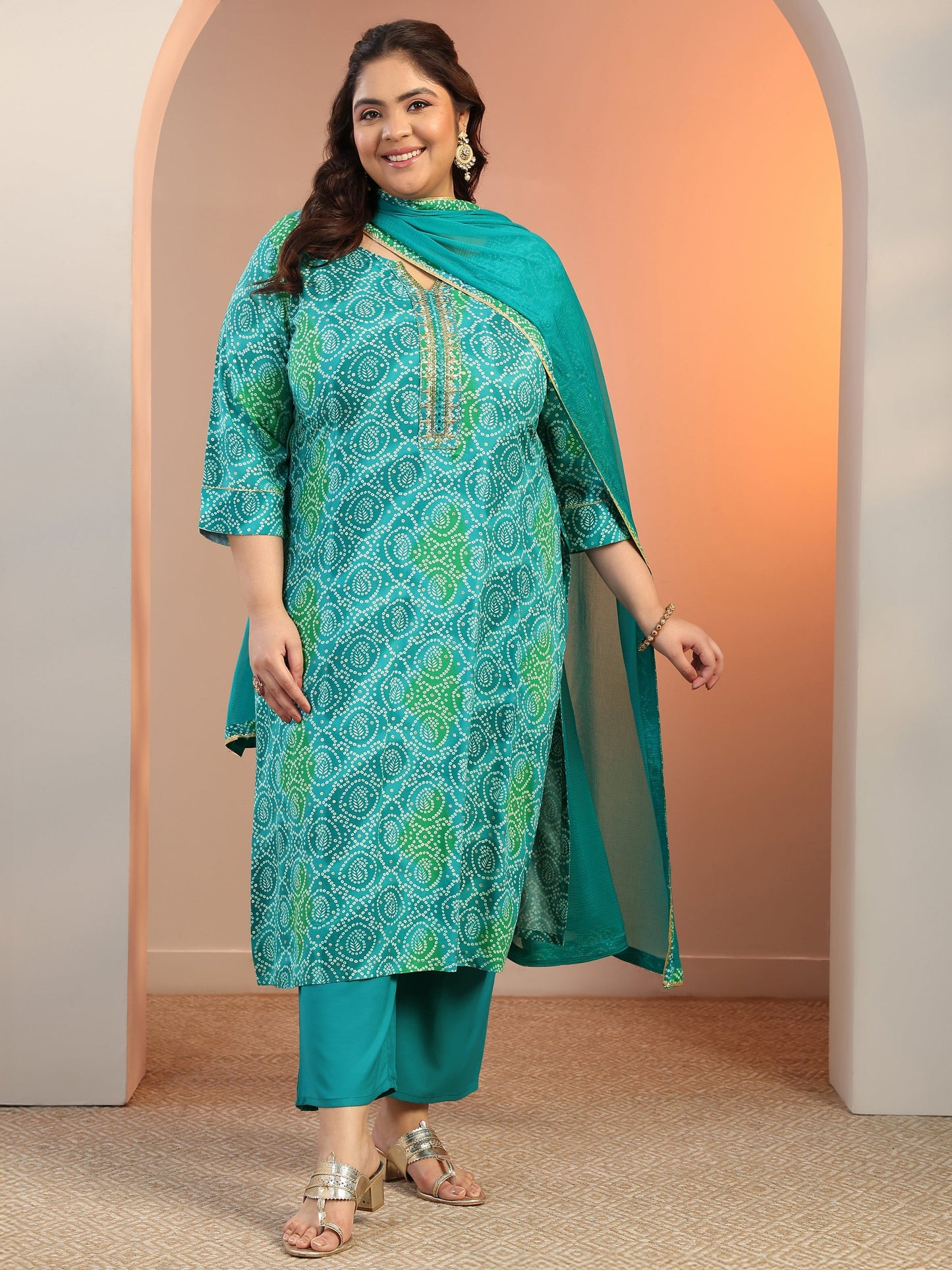 Plus Size Blue Printed Viscose Straight Suit Set With Dupatta