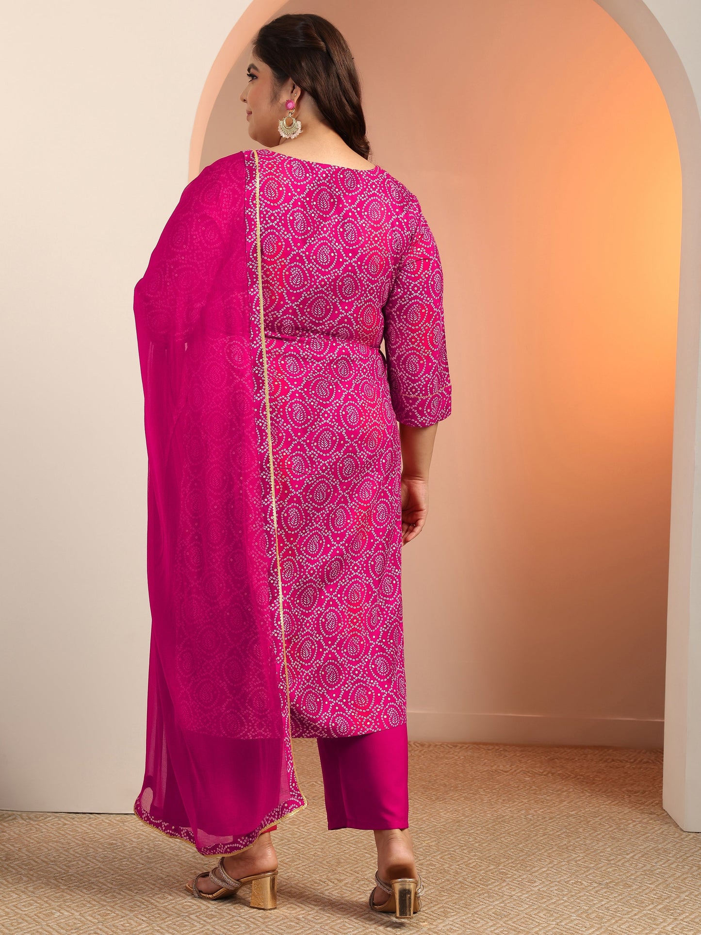 Plus Size Pink Printed Viscose Straight Suit Set With Dupatta
