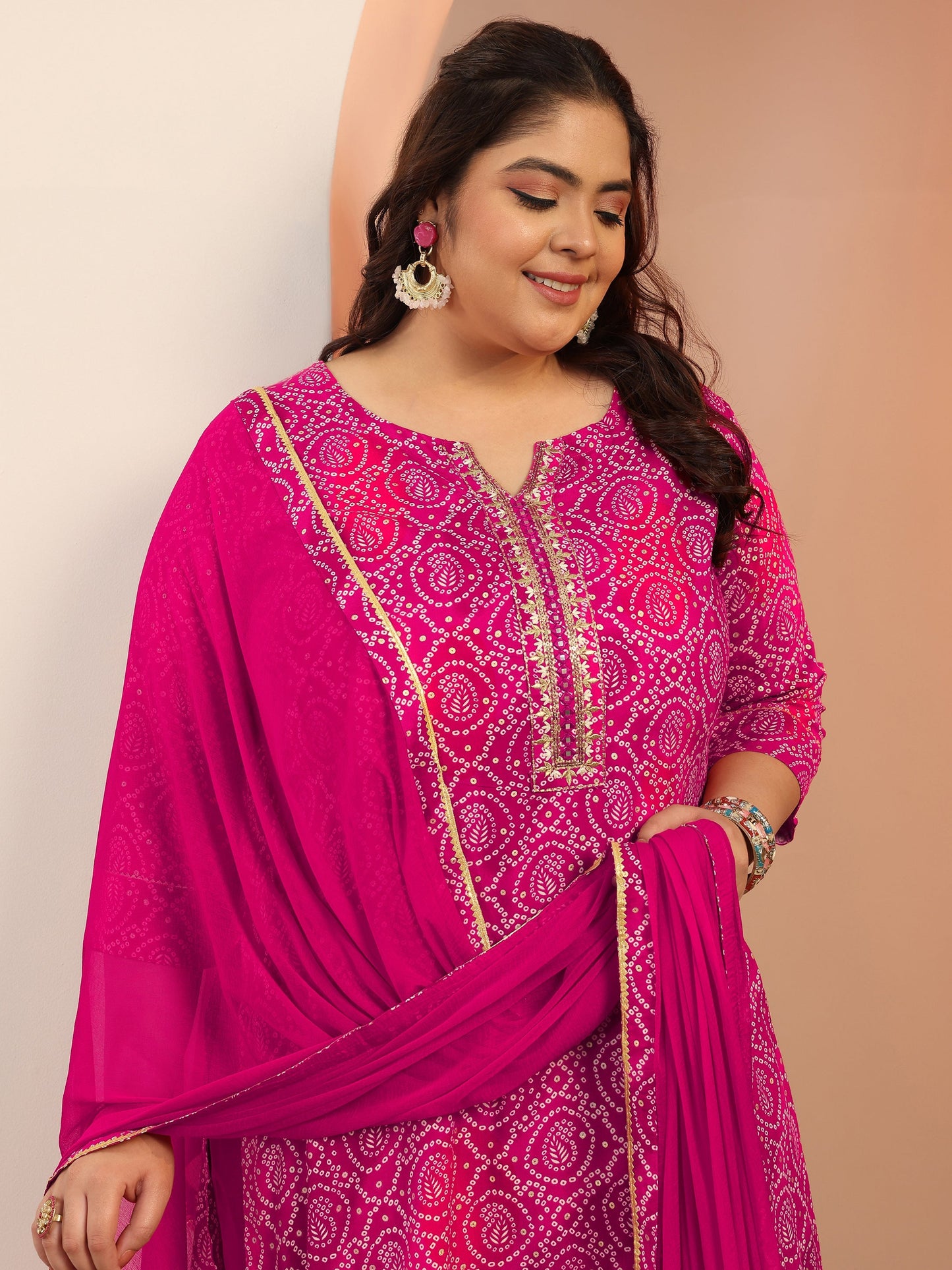 Plus Size Pink Printed Viscose Straight Suit Set With Dupatta