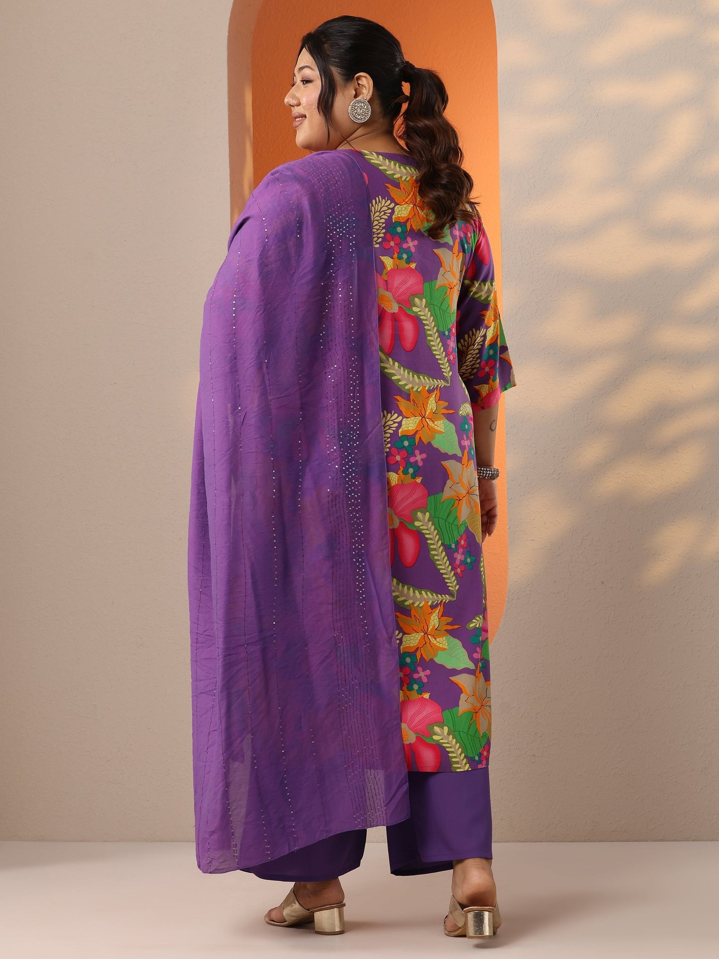 Plus Size Purple Printed Viscose Straight Suit Set With Dupatta