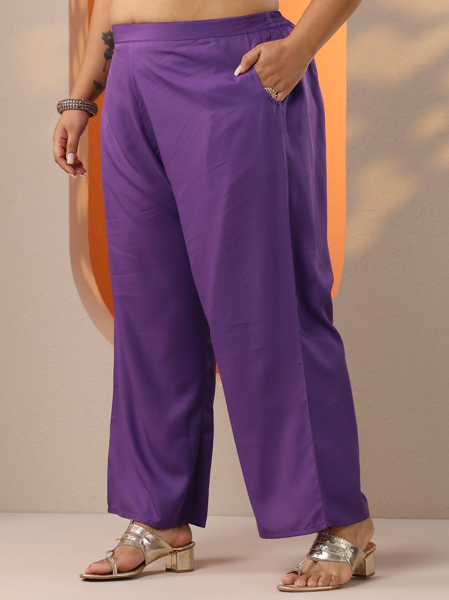 Plus Size Purple Printed Viscose Straight Suit Set With Dupatta