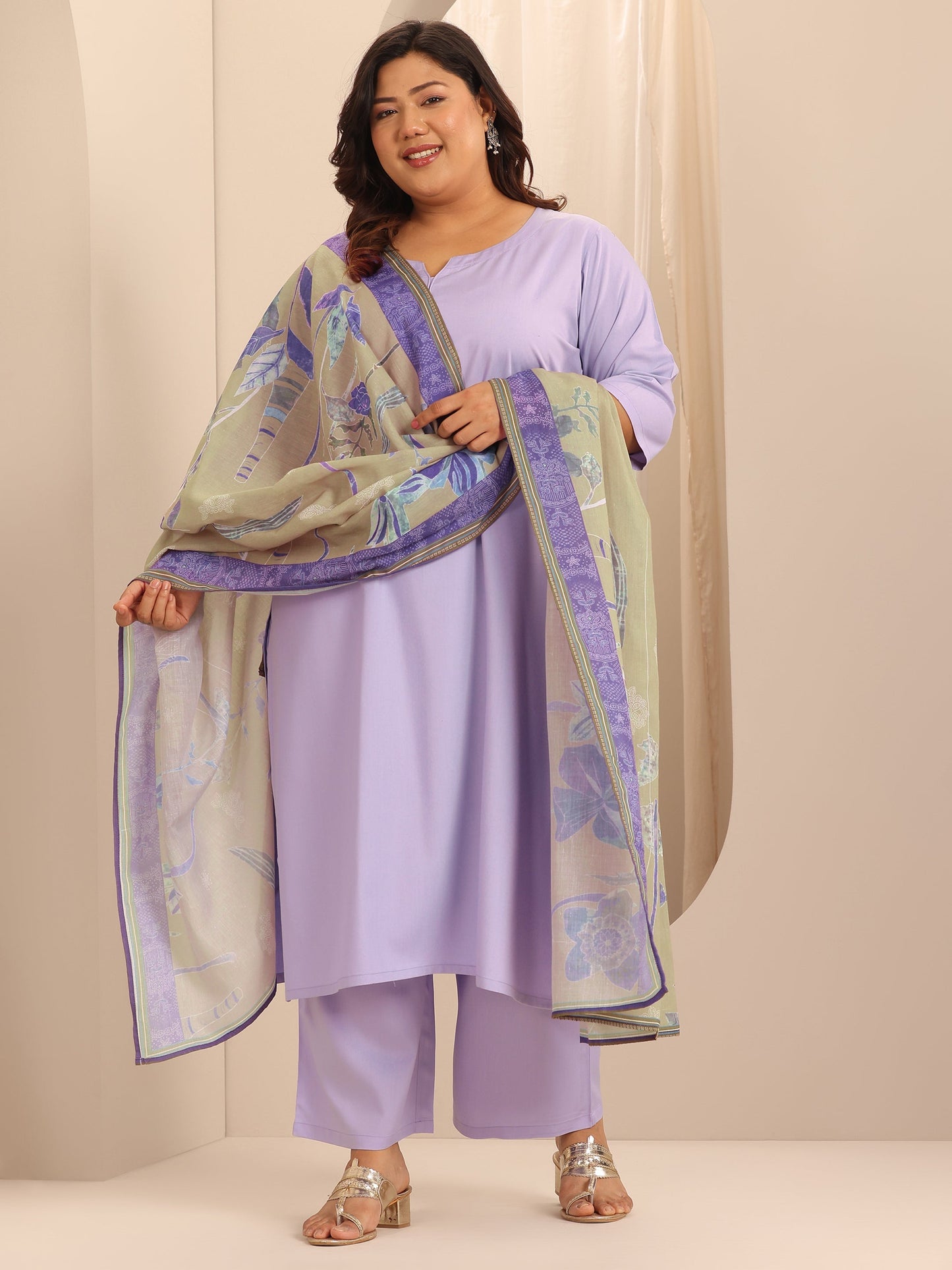 Plus Size Lavender Solid Viscose Rayon Straight Suit Set With Dupatta