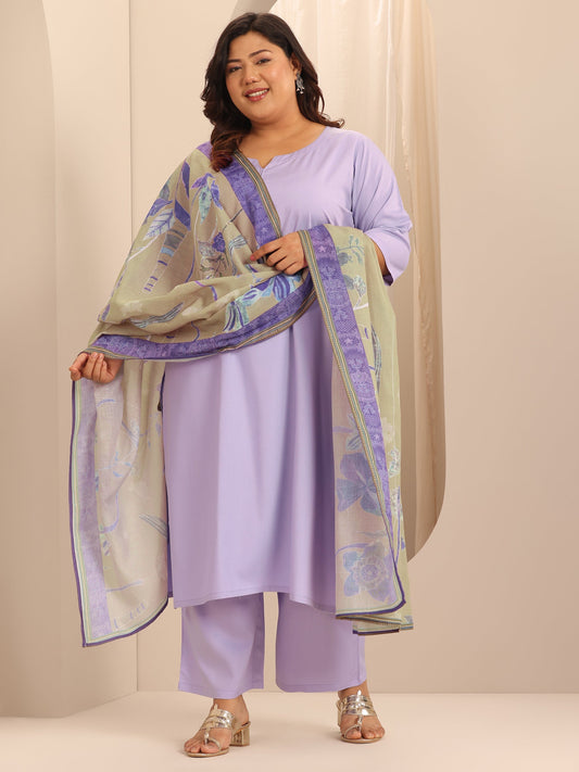 Plus Size Lavender Solid Viscose Rayon Straight Suit Set With Dupatta
