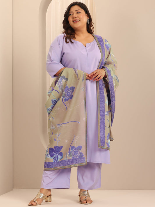 Plus Size Lavender Solid Viscose Rayon Straight Suit Set With Dupatta