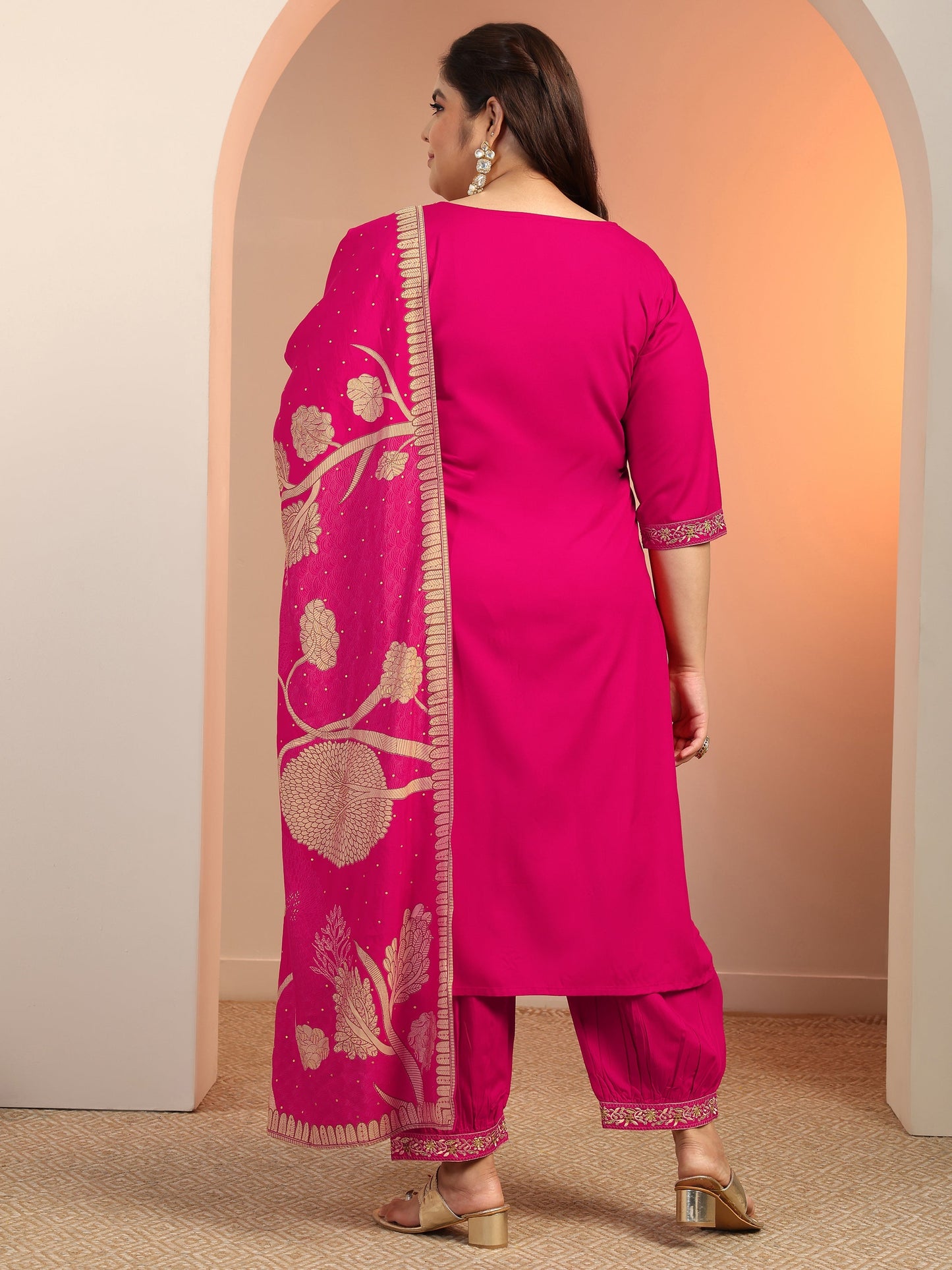 Plus Size Pink Embroidered Viscose Straight Suit Set With Dupatta