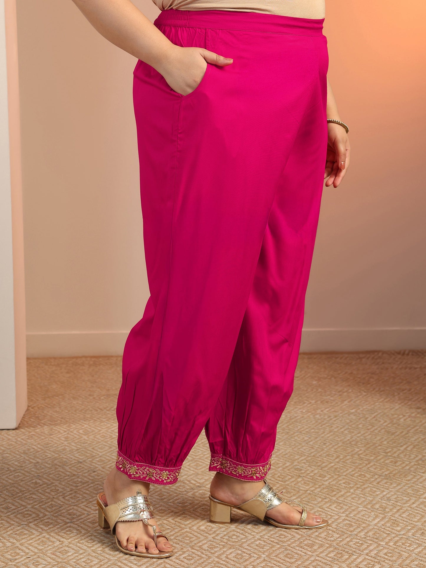 Plus Size Pink Embroidered Viscose Straight Suit Set With Dupatta