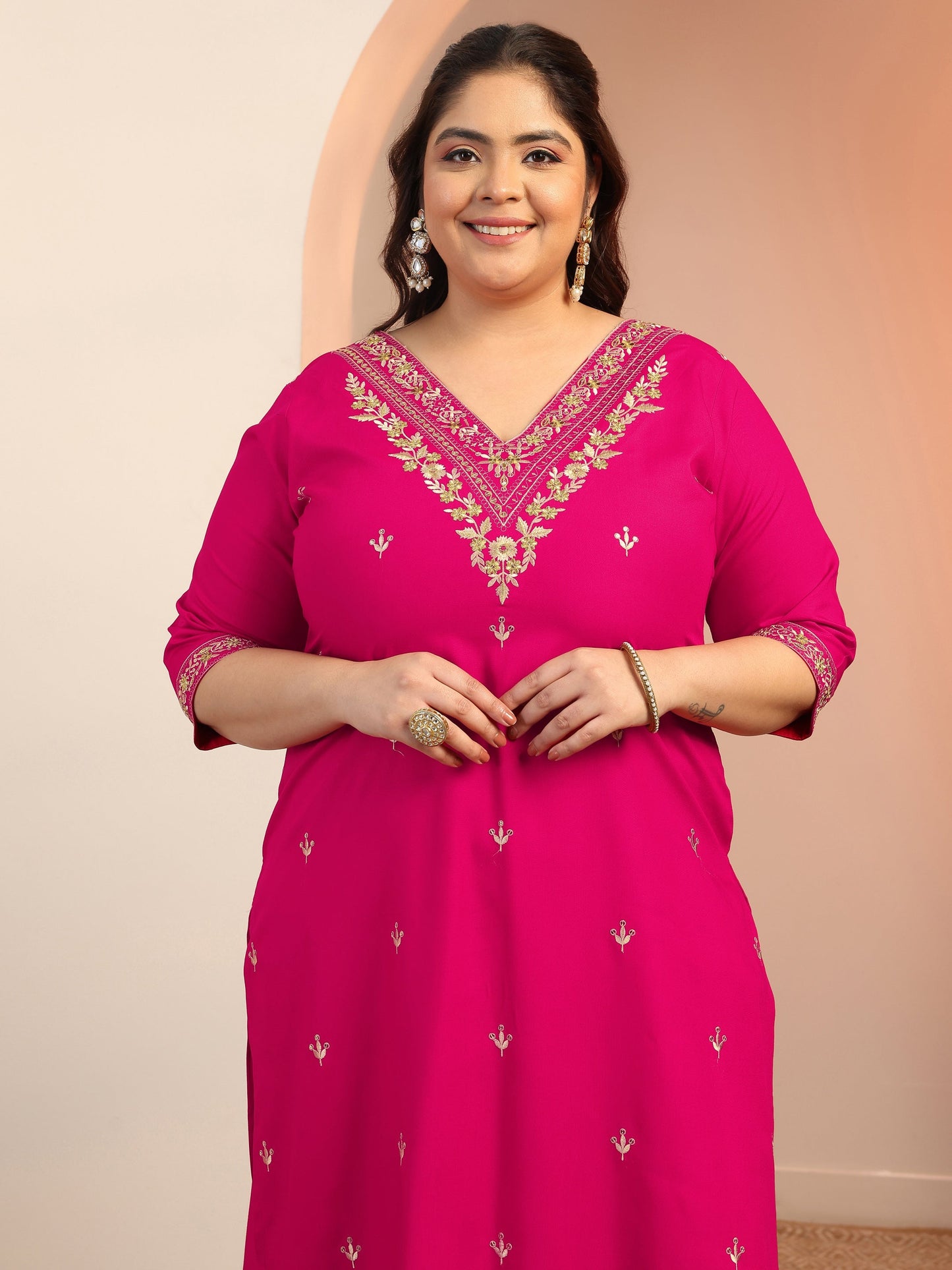 Plus Size Pink Embroidered Viscose Straight Suit Set With Dupatta
