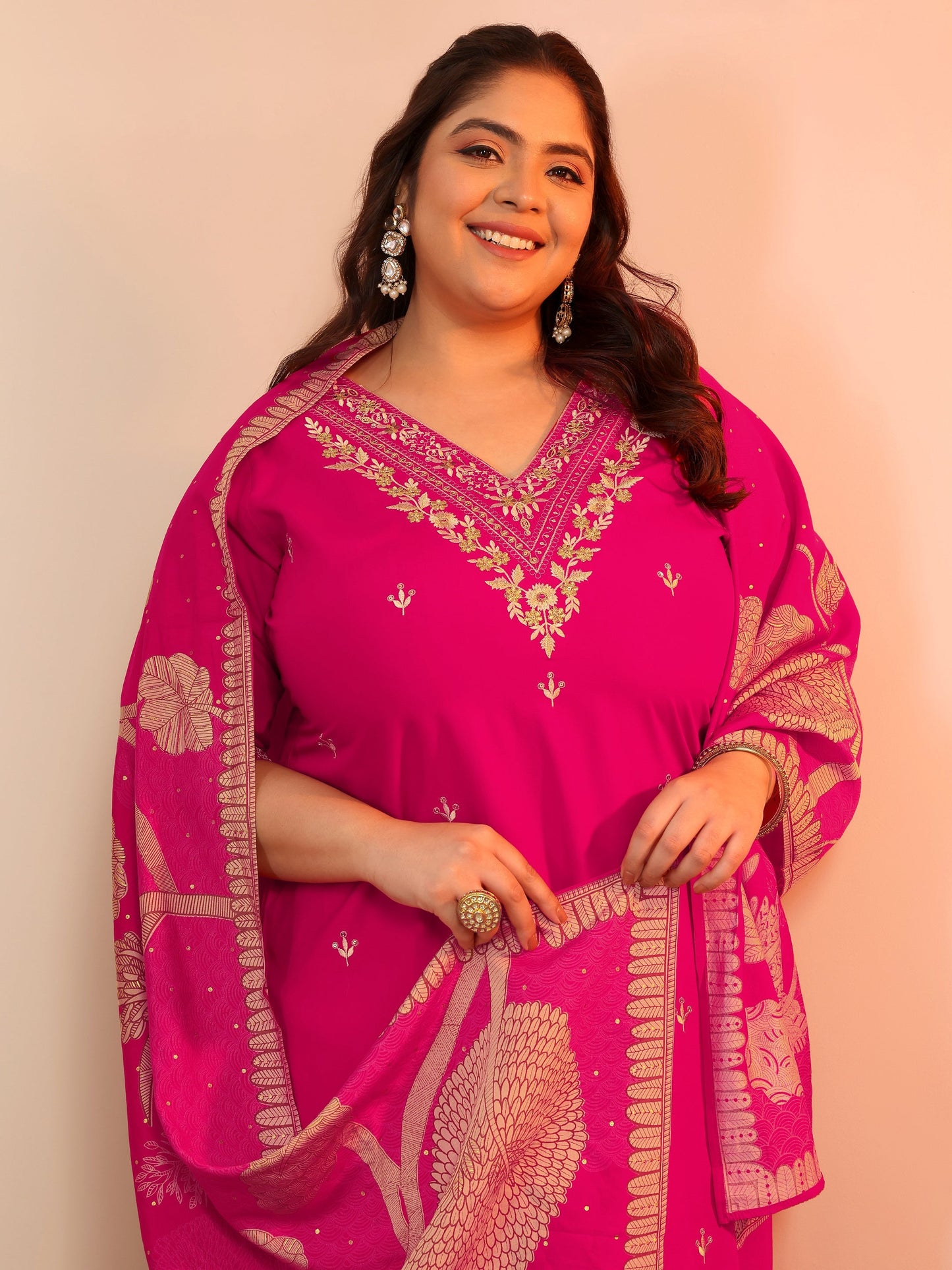 Plus Size Pink Embroidered Viscose Straight Suit Set With Dupatta