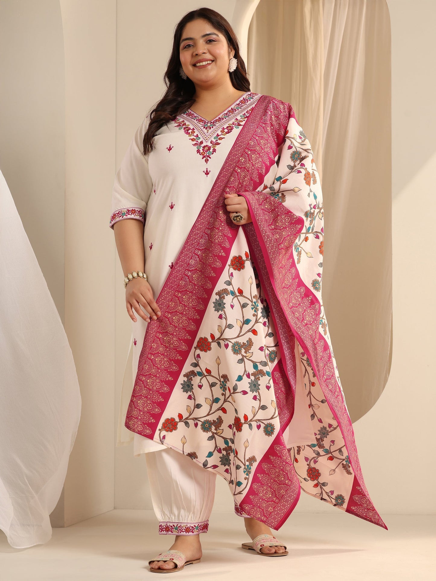 Plus Size White Embroidered Viscose Straight Suit Set With Dupatta