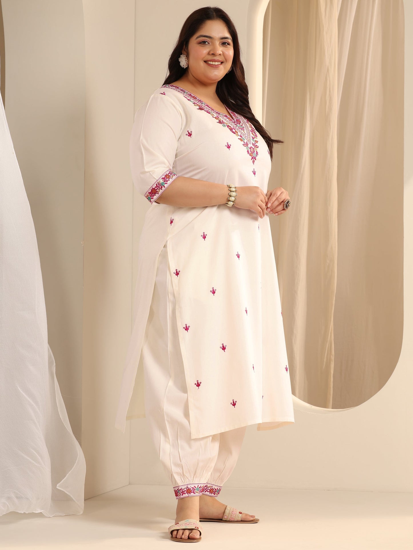 Plus Size White Embroidered Viscose Straight Suit Set With Dupatta