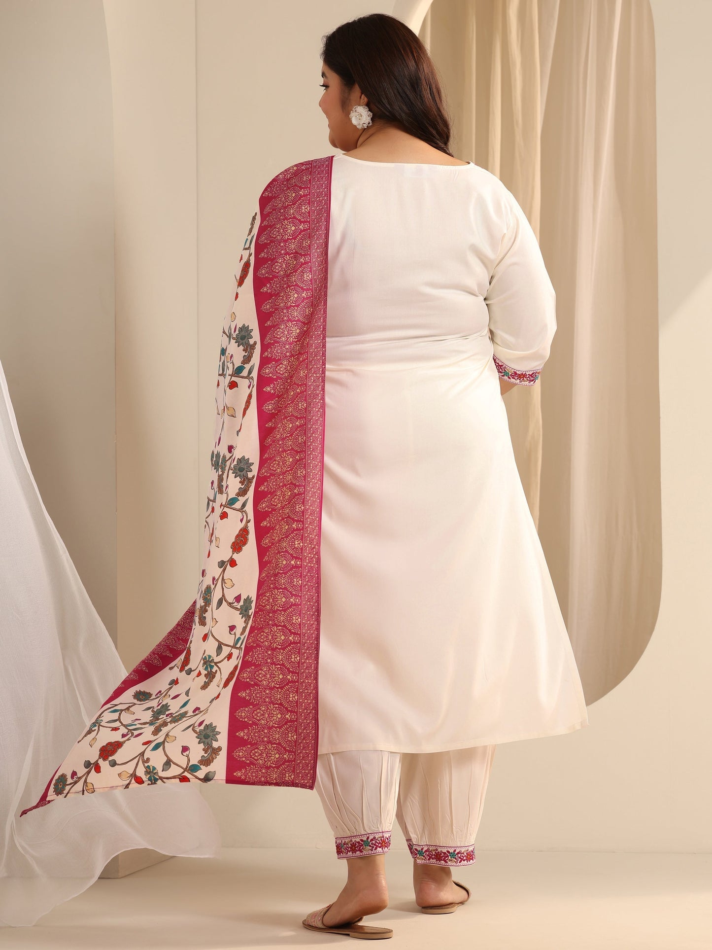 Plus Size White Embroidered Viscose Straight Suit Set With Dupatta