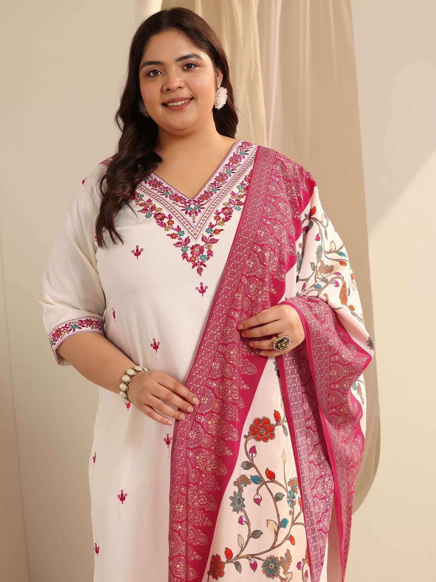 Plus Size White Embroidered Viscose Straight Suit Set With Dupatta