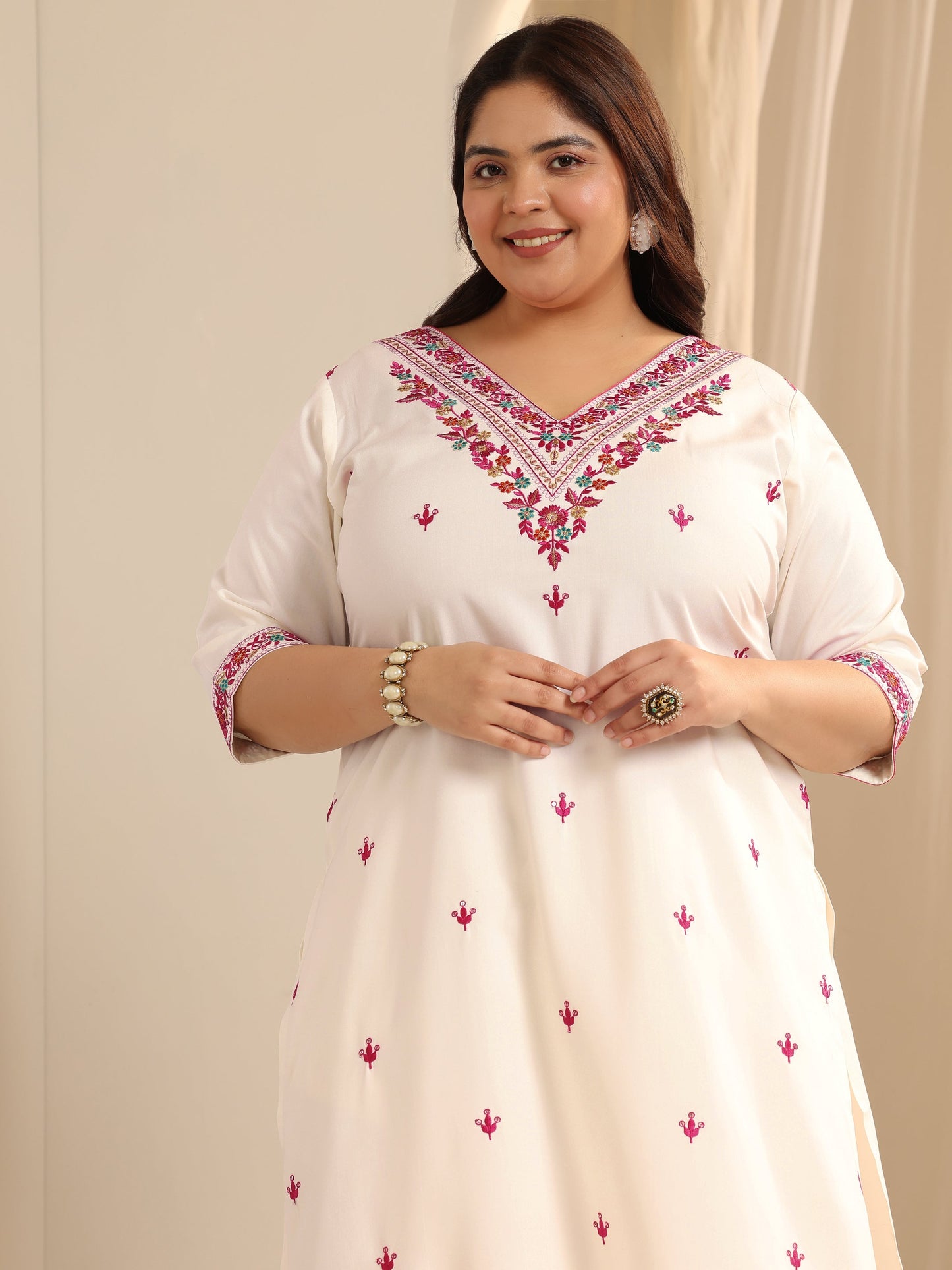 Plus Size White Embroidered Viscose Straight Suit Set With Dupatta