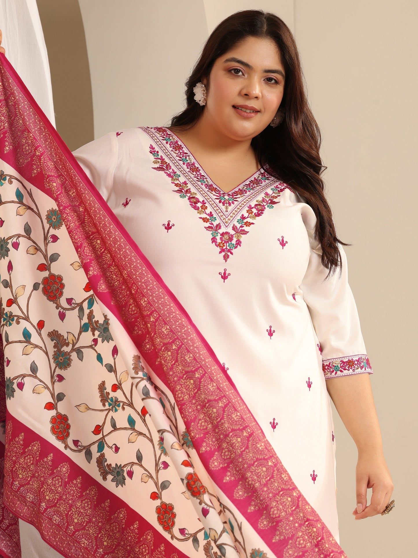 Plus Size White Embroidered Viscose Straight Suit Set With Dupatta