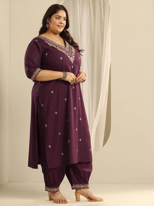 Plus Size Burgundy Embroidered Viscose Straight Suit Set With Dupatta