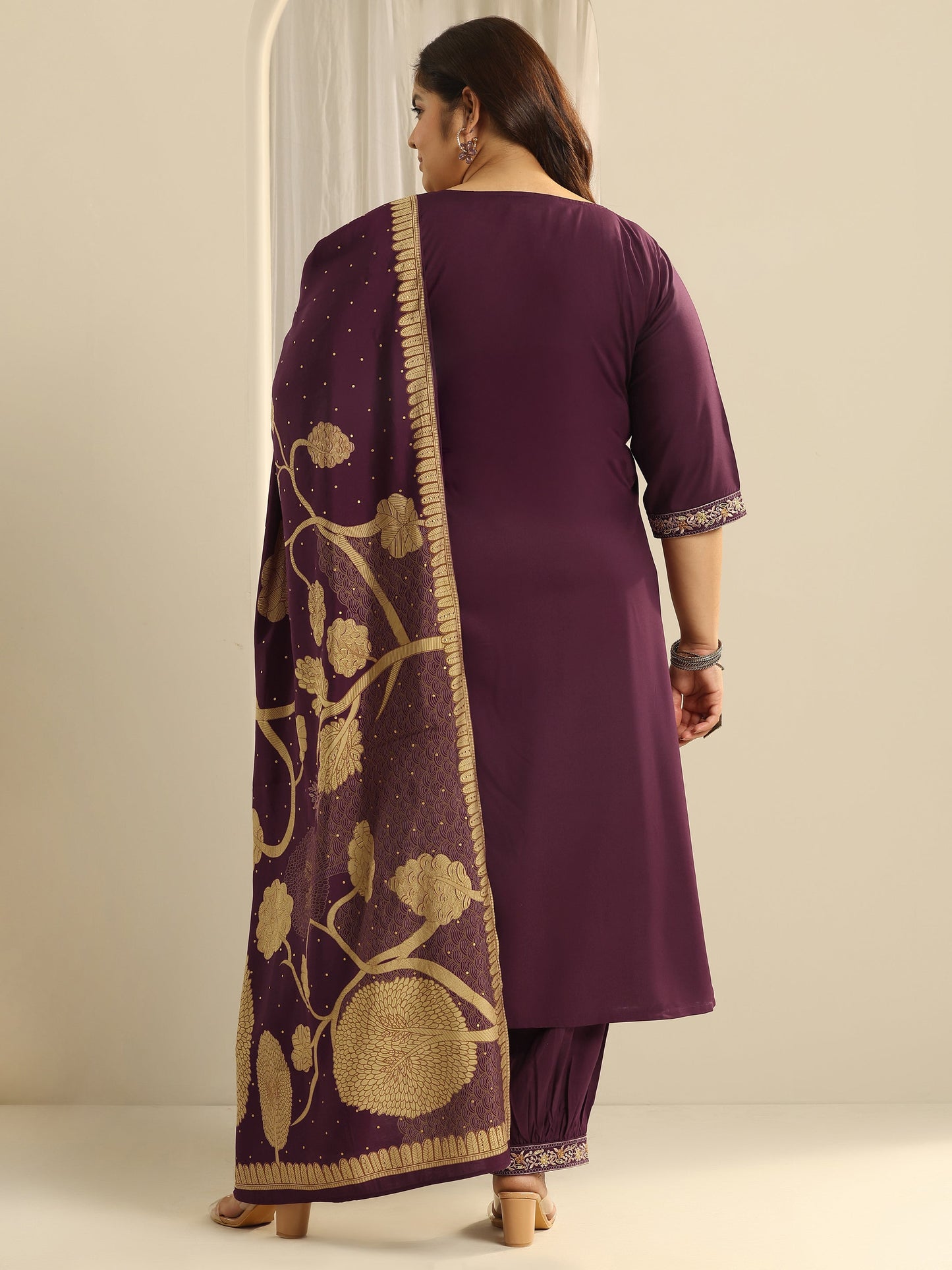 Plus Size Burgundy Embroidered Viscose Straight Suit Set With Dupatta