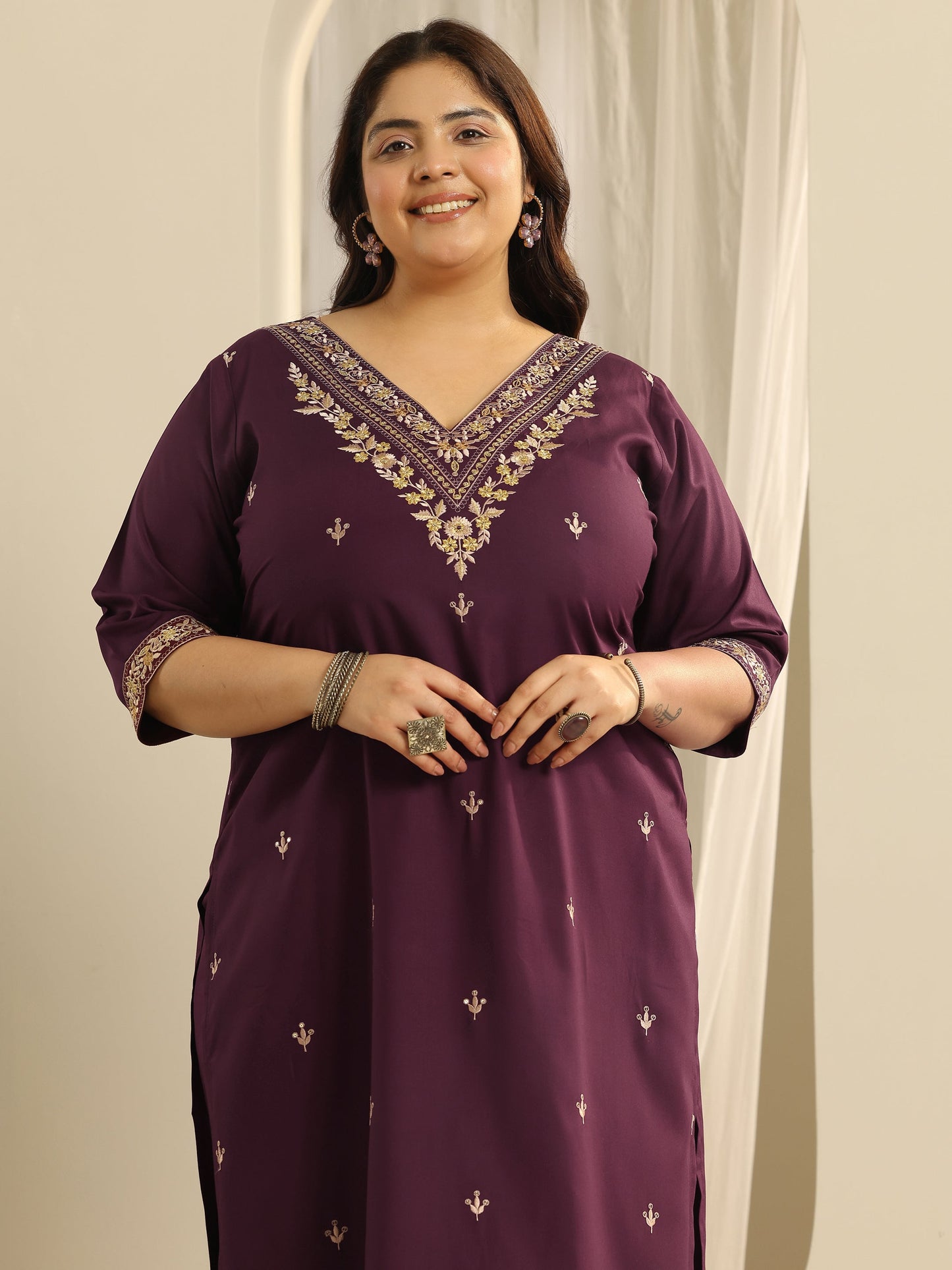 Plus Size Burgundy Embroidered Viscose Straight Suit Set With Dupatta