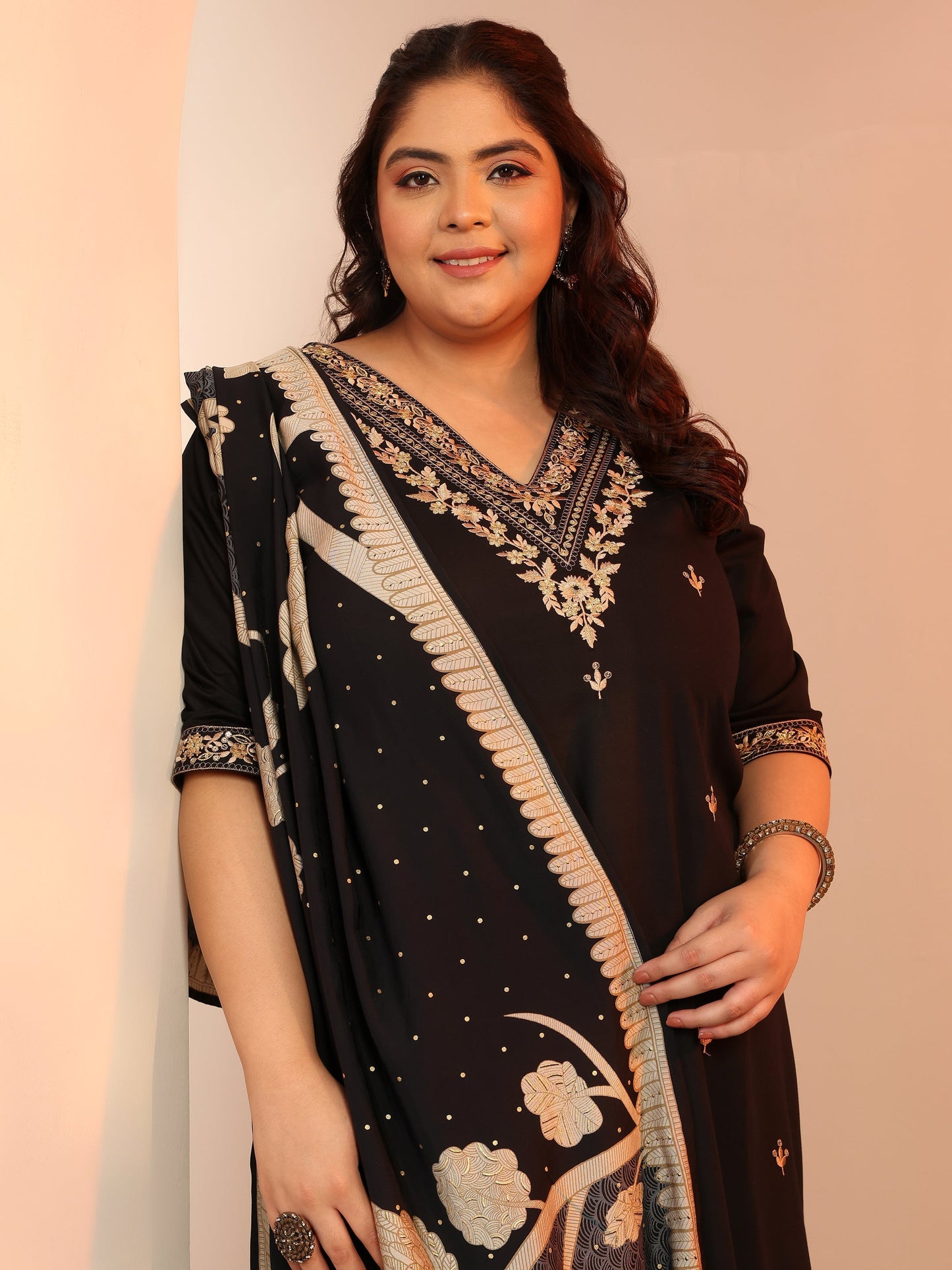 Plus Size Black Embroidered Viscose Straight Suit Set With Dupatta