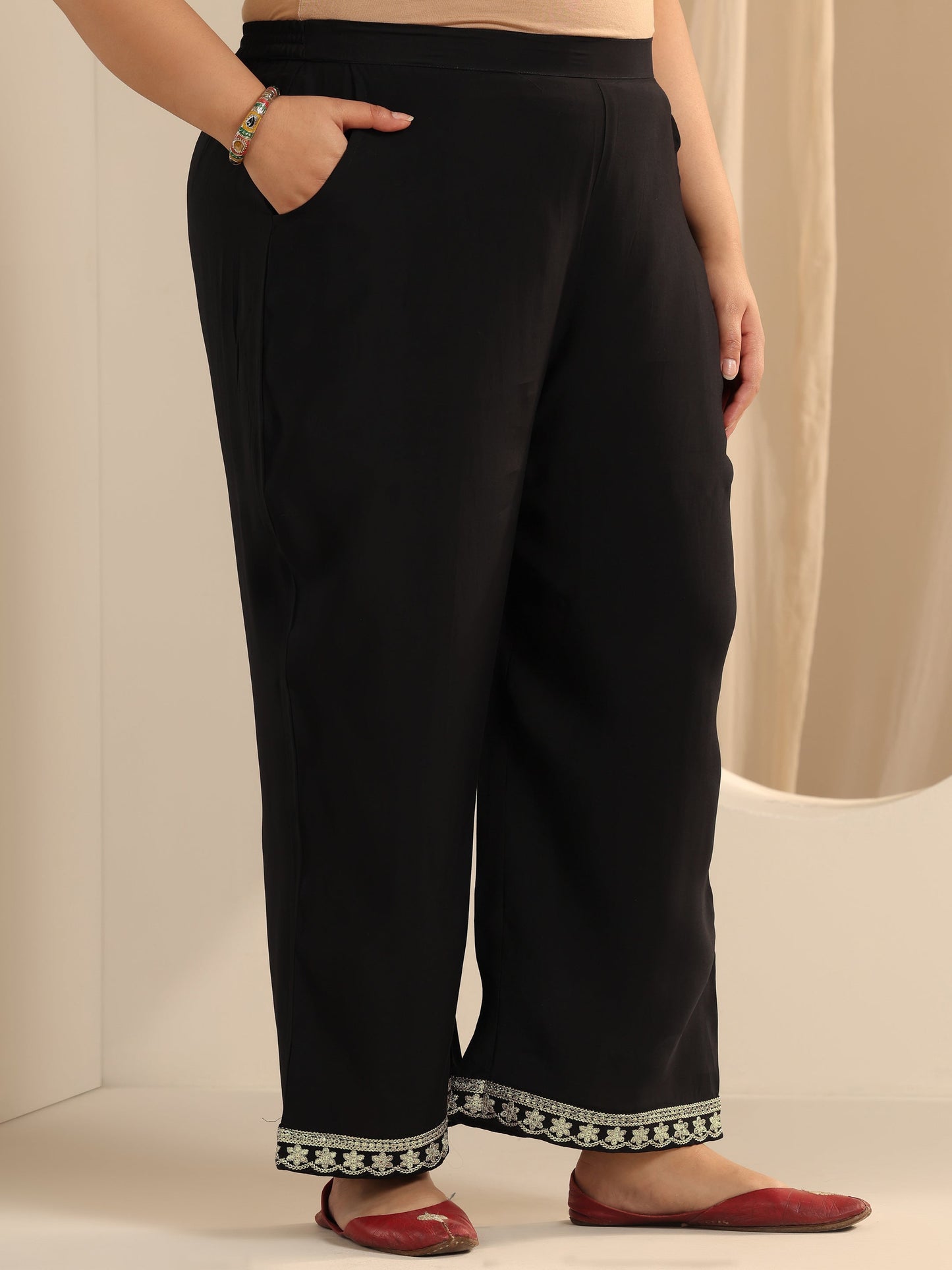 Plus Size Black Solid Silk blend Straight Suit Set With Dupatta