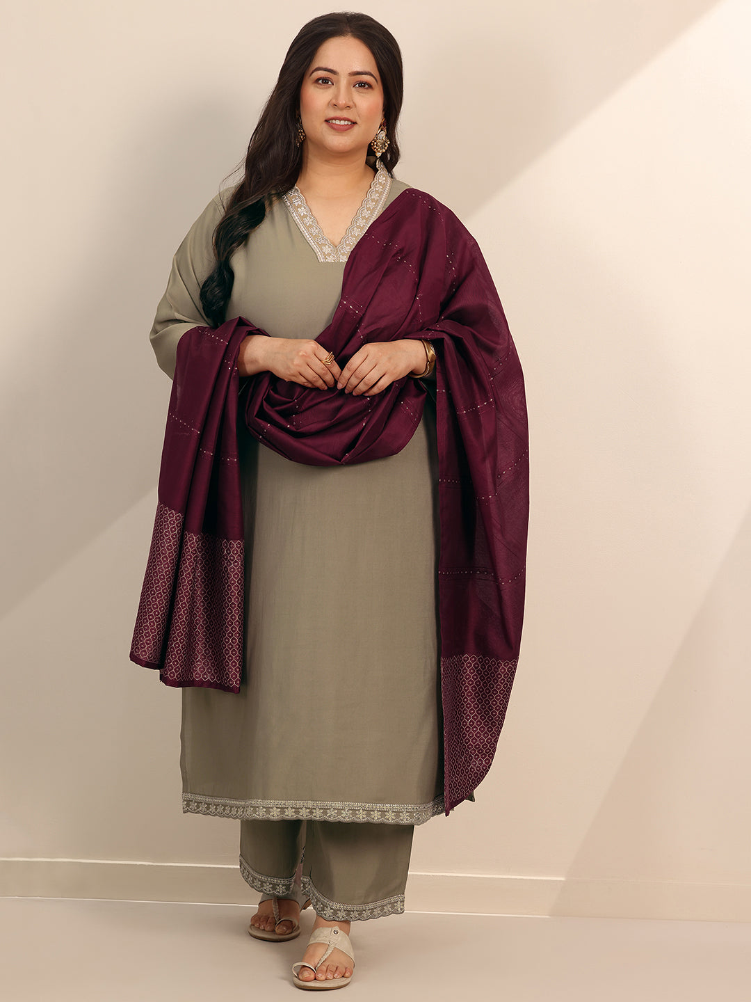 Plus Size Golden Solid Silk Blend Straight Suit Set With Dupatta