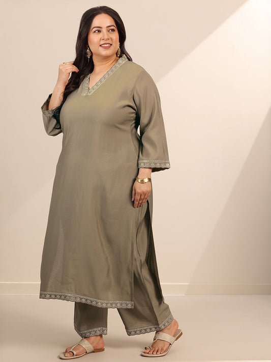 Plus Size Golden Solid Silk Blend Straight Suit Set With Dupatta