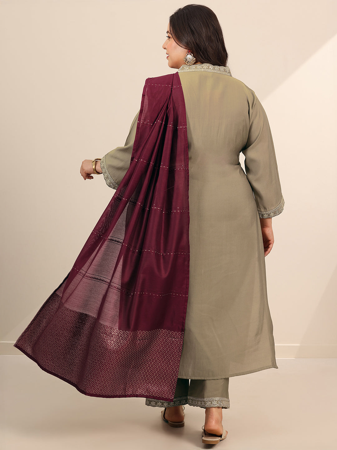 Plus Size Golden Solid Silk Blend Straight Suit Set With Dupatta