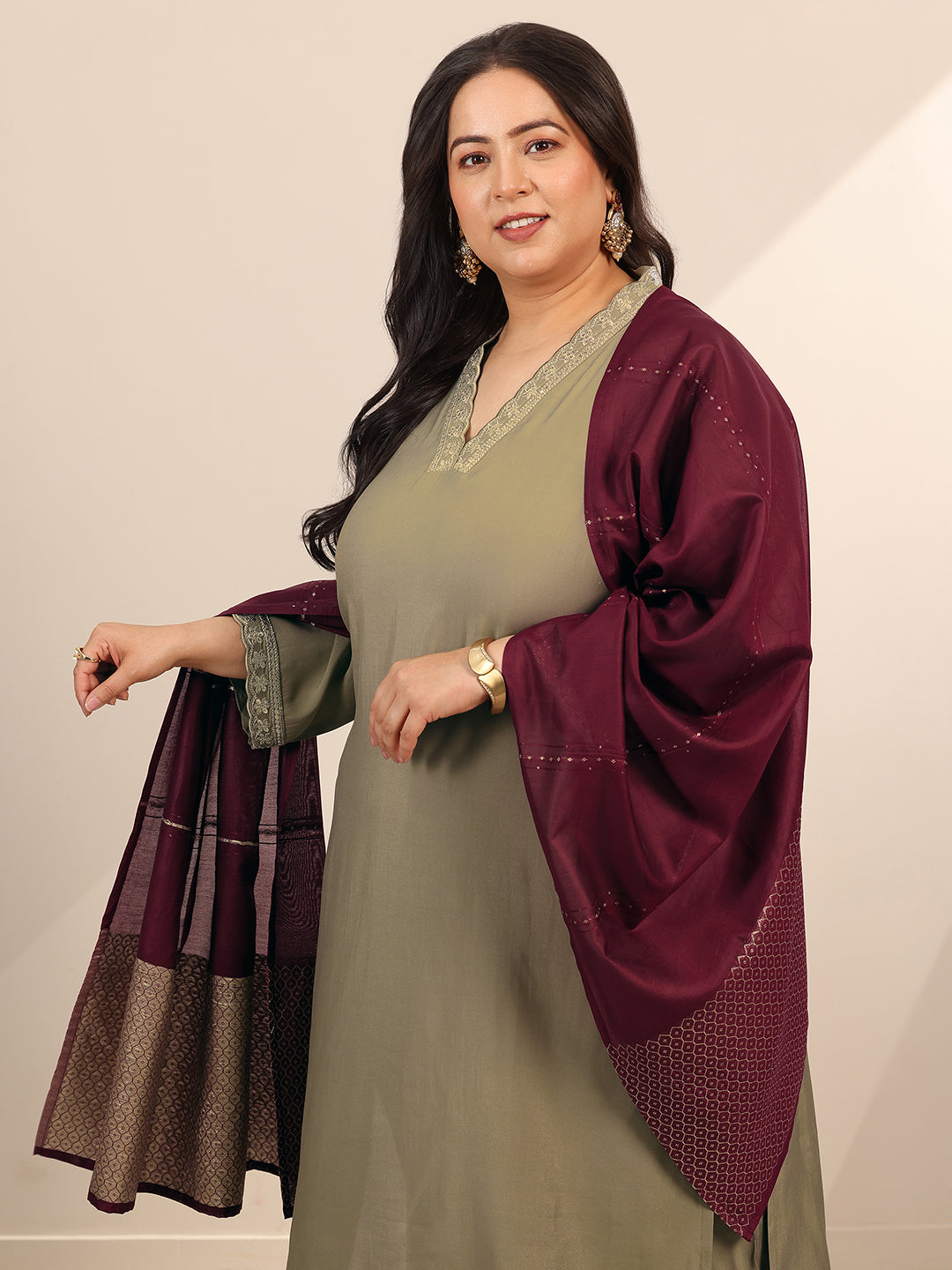 Plus Size Golden Solid Silk Blend Straight Suit Set With Dupatta