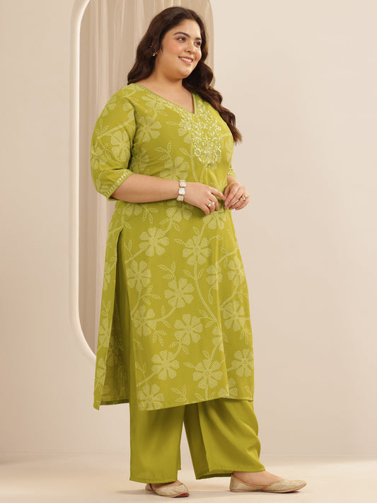 Plus Size Green Printed Silk blend Straight Suit Set With Dupatta