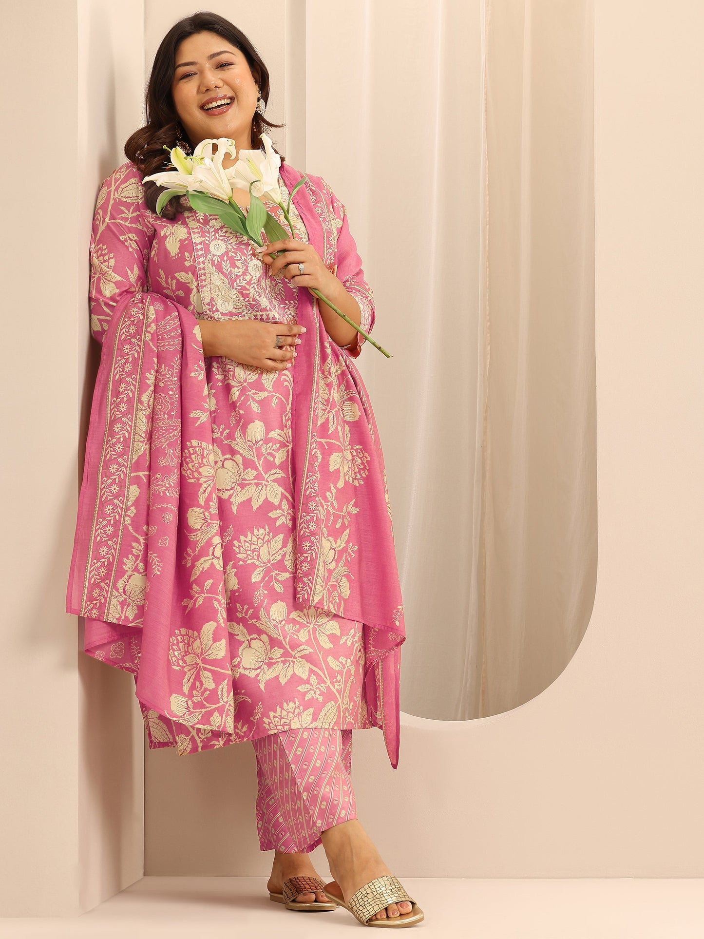 Plus Size Pink Printed Silk Blend Straight Suit Set With Dupatta