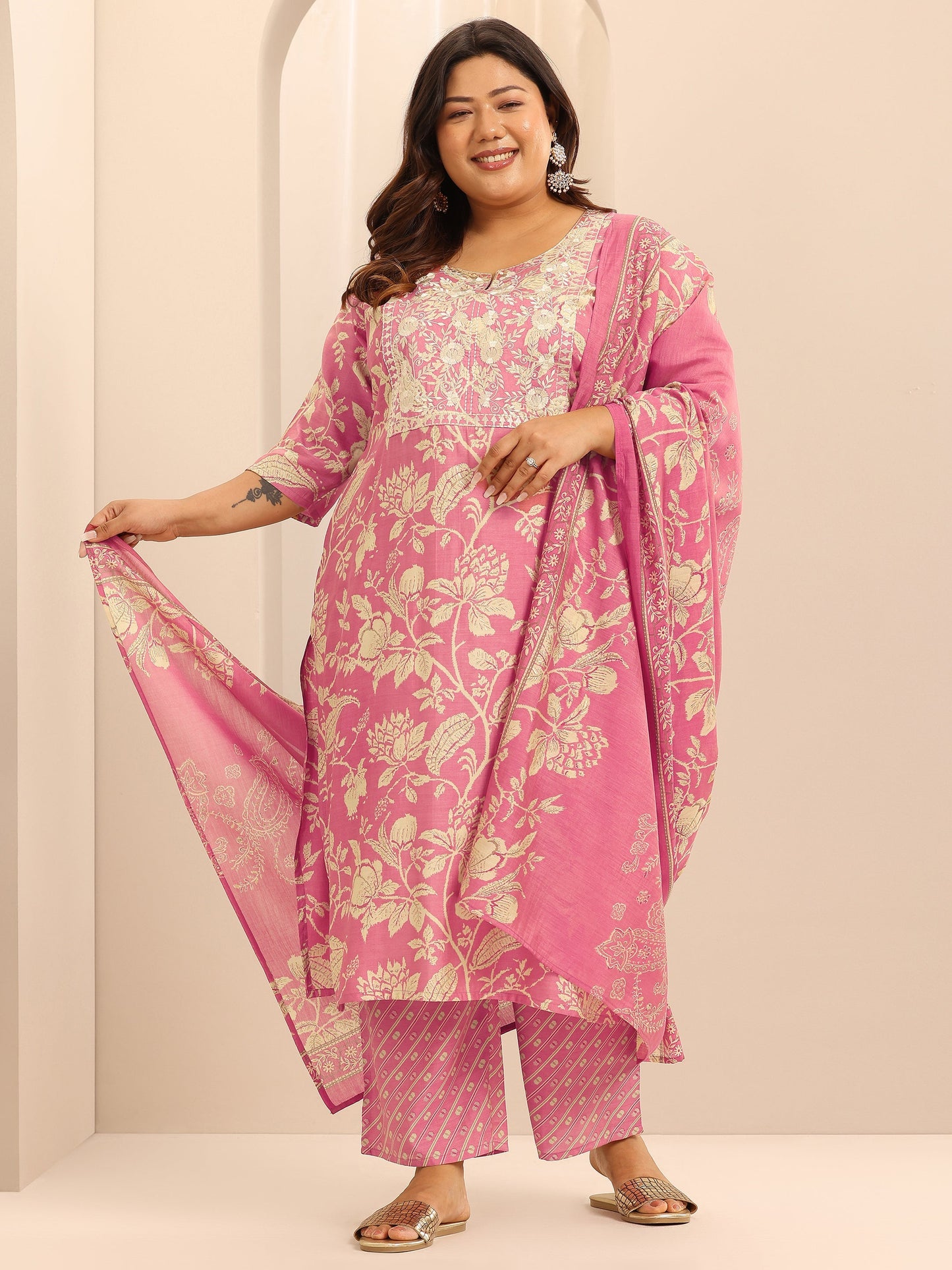 Plus Size Pink Printed Silk Blend Straight Suit Set With Dupatta