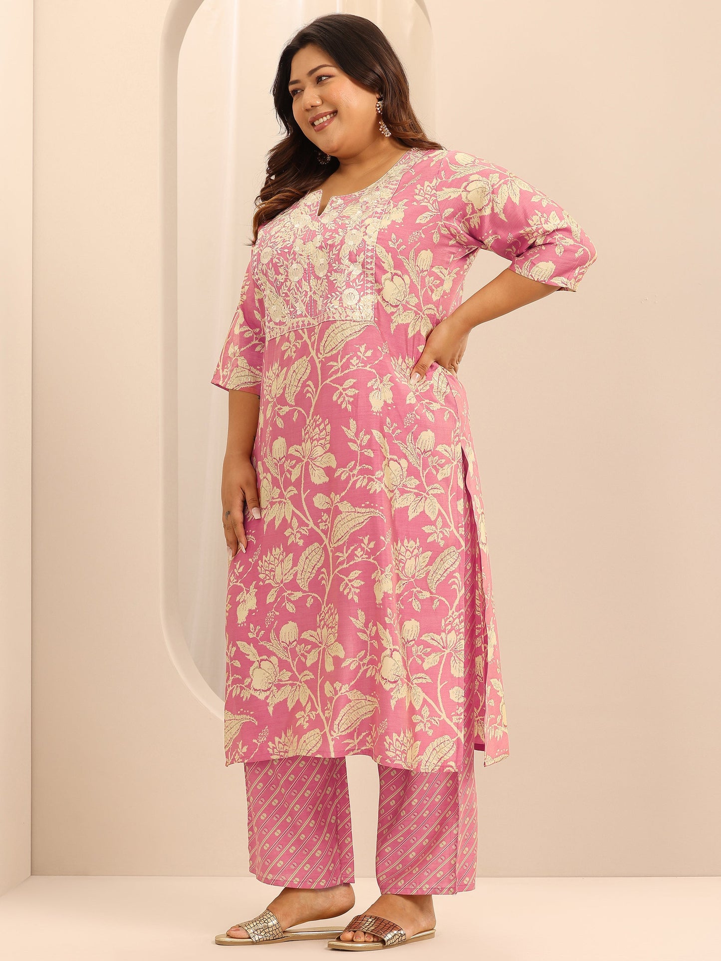 Plus Size Pink Printed Silk Blend Straight Suit Set With Dupatta