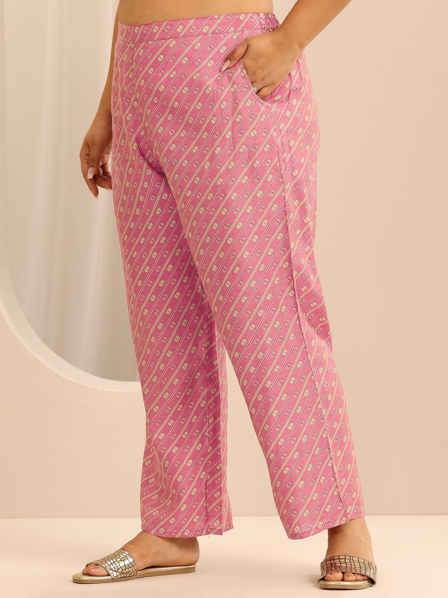 Plus Size Pink Printed Silk Blend Straight Suit Set With Dupatta