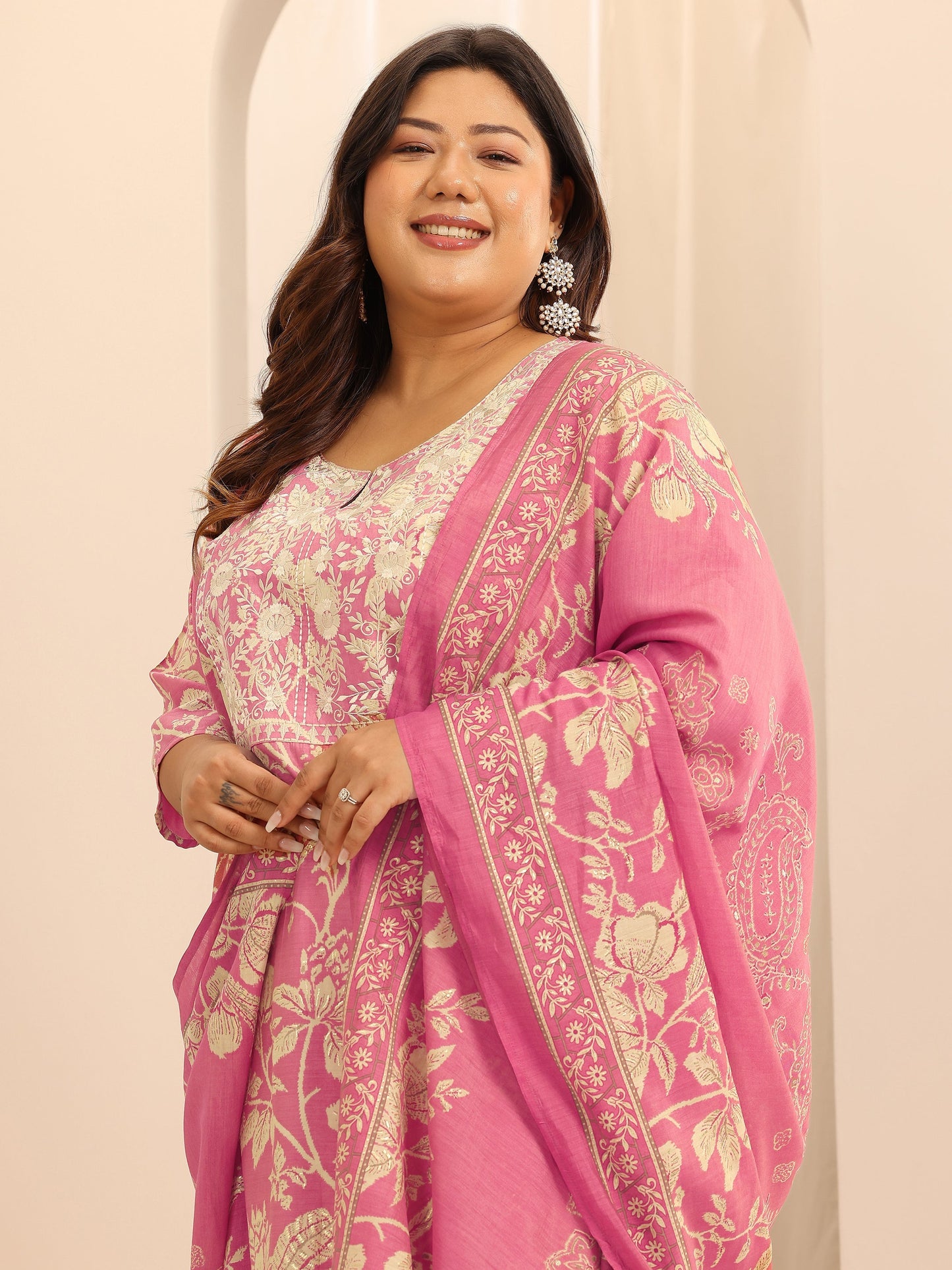 Plus Size Pink Printed Silk Blend Straight Suit Set With Dupatta
