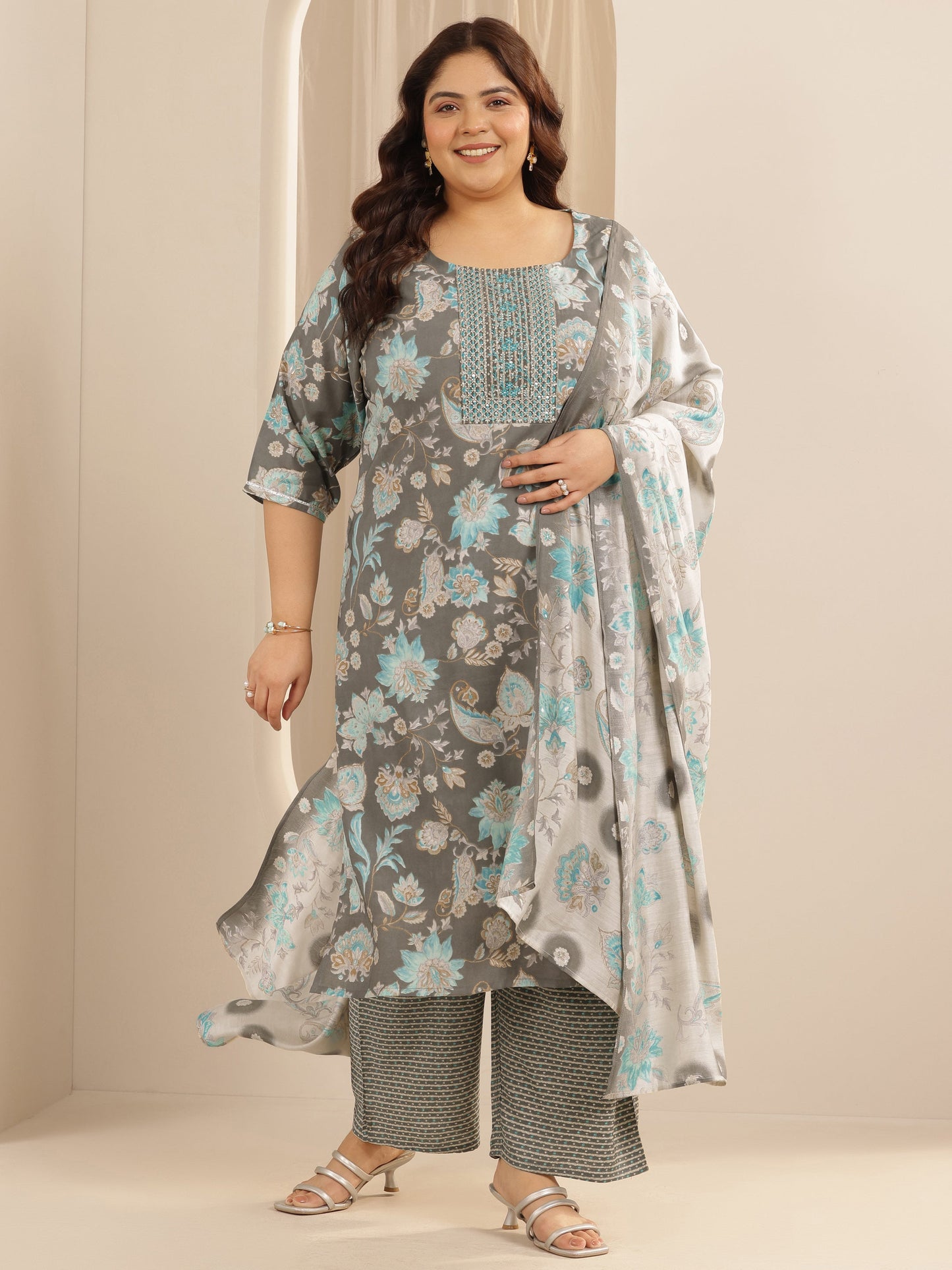 Plus Size Grey Printed Silk blend Straight Suit Set With Dupatta
