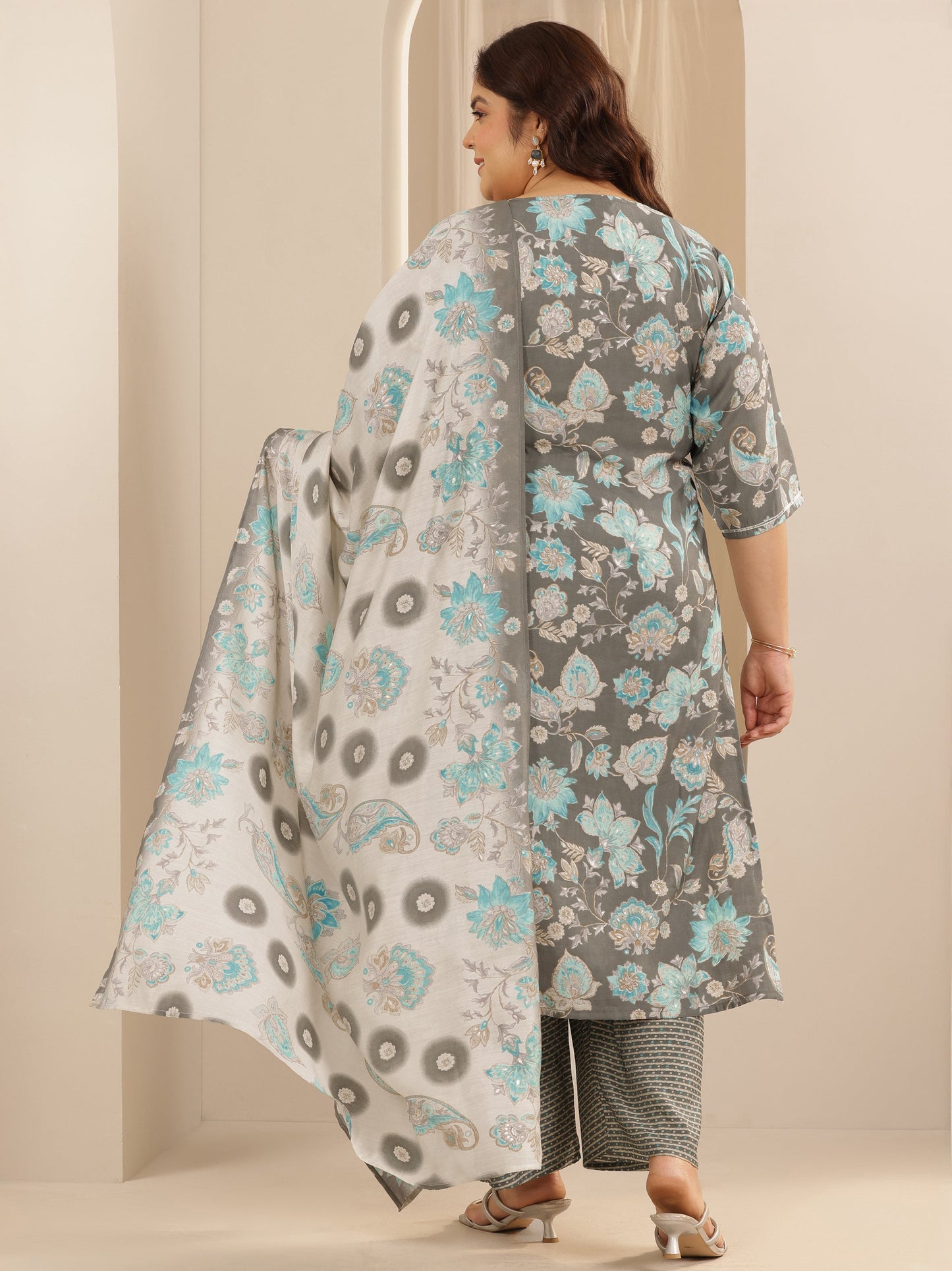 Plus Size Grey Printed Silk blend Straight Suit Set With Dupatta