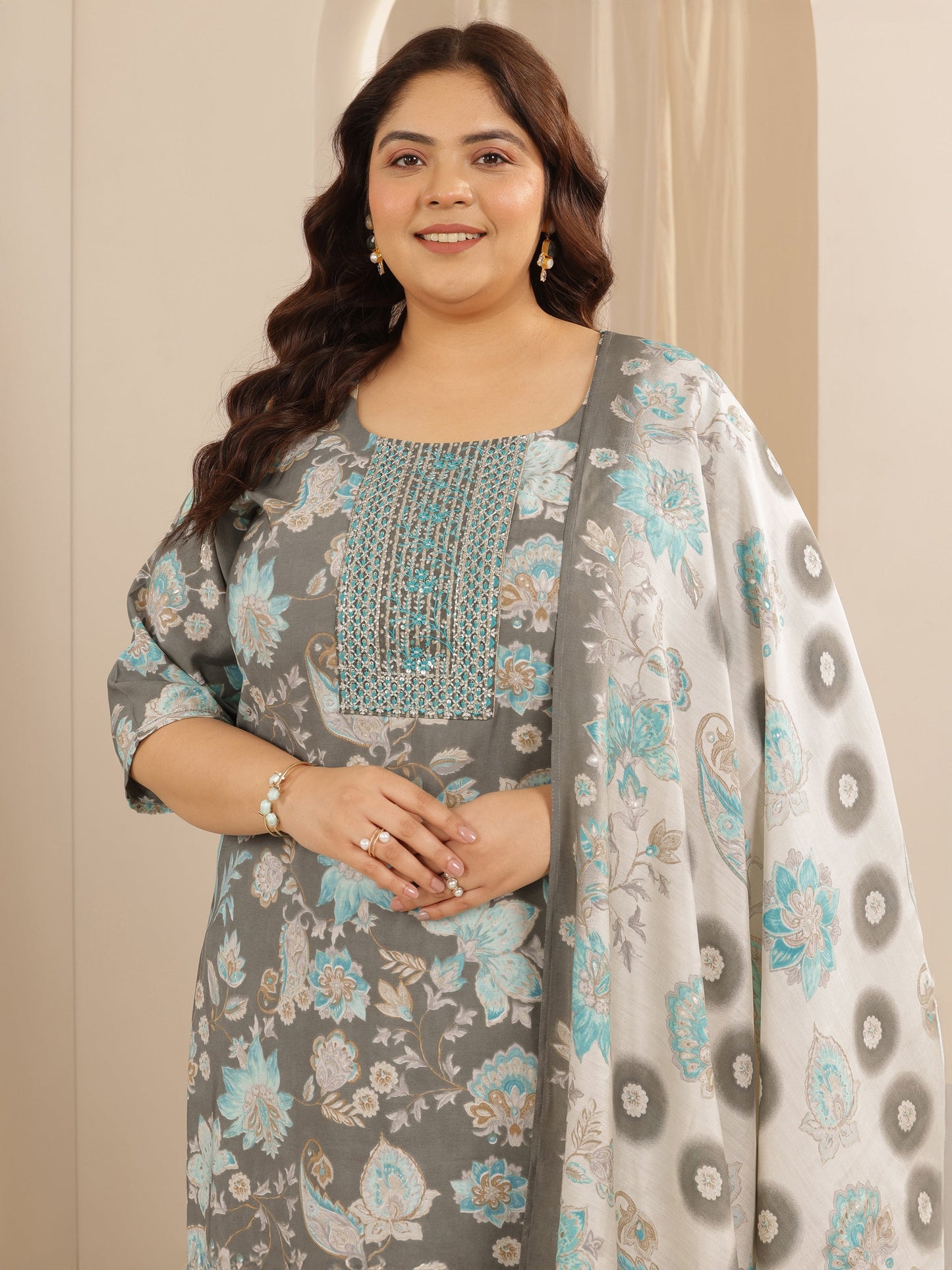 Plus Size Grey Printed Silk blend Straight Suit Set With Dupatta