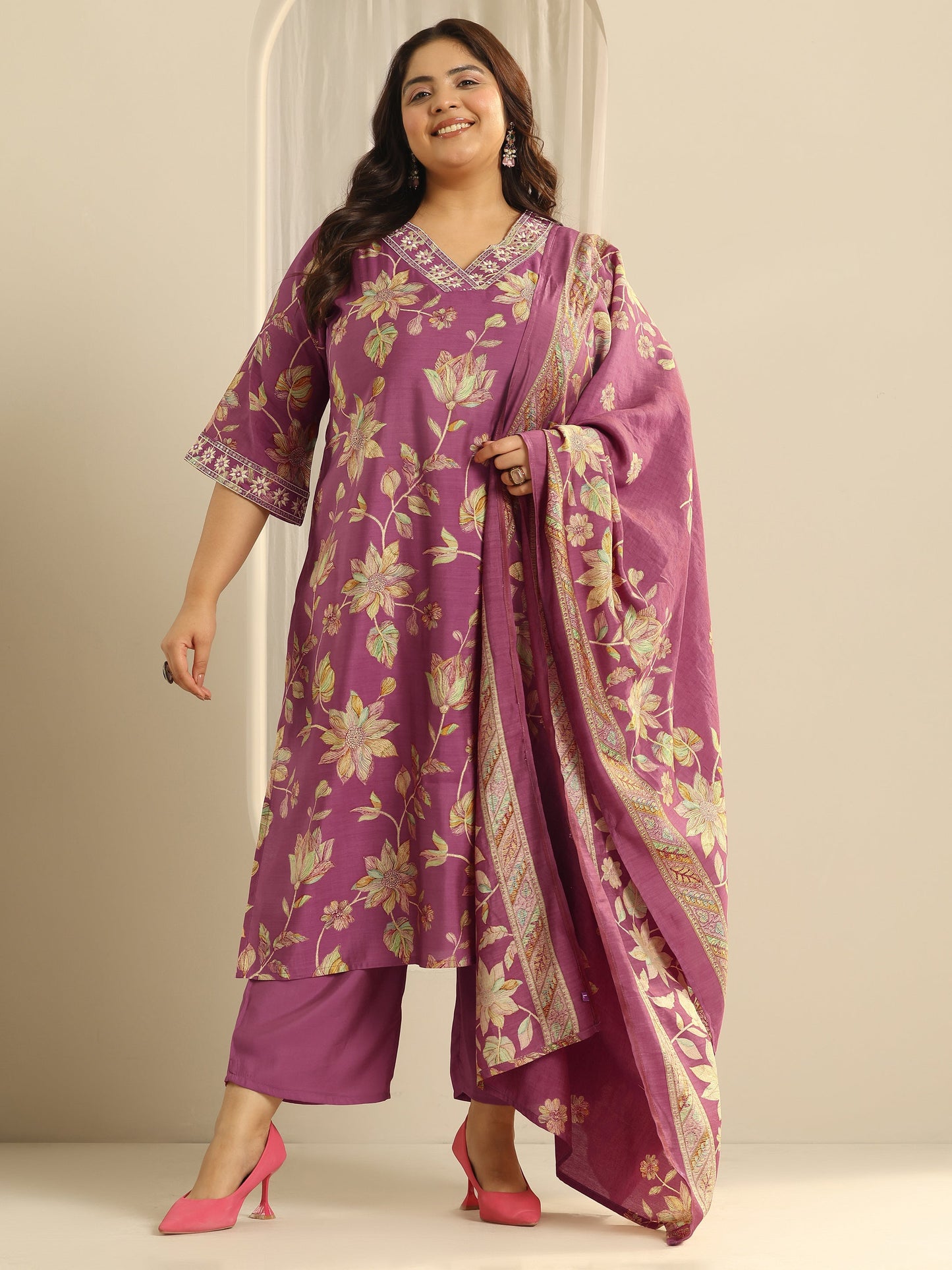 Plus Size Pink Printed Silk blend Straight Suit Set With Dupatta