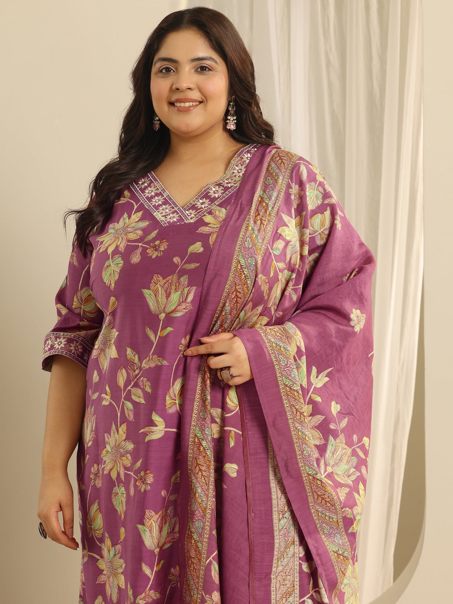Plus Size Pink Printed Silk blend Straight Suit Set With Dupatta