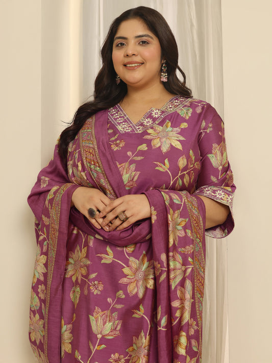 Plus Size Pink Printed Silk blend Straight Suit Set With Dupatta